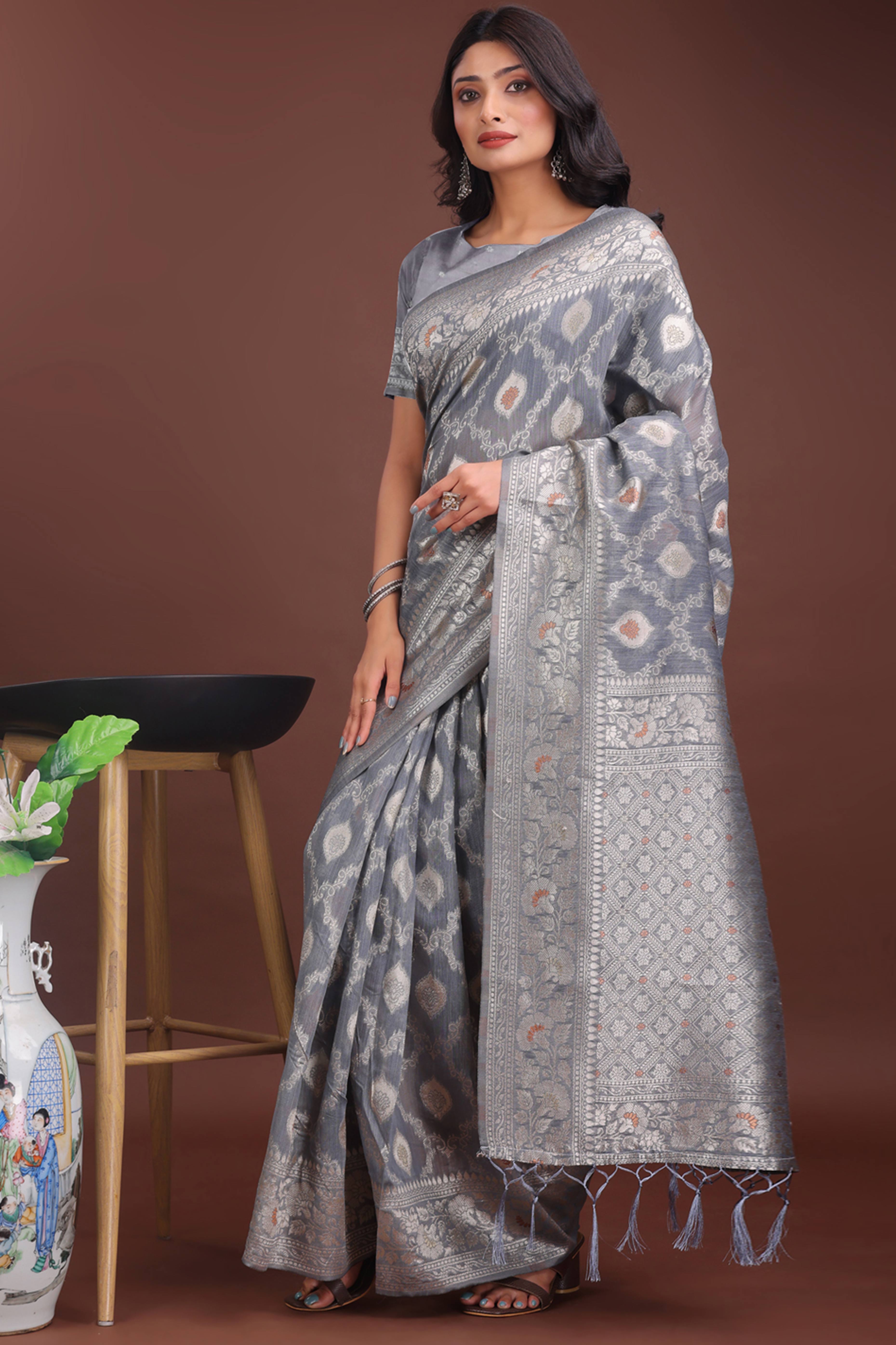 Grey Cotton Blend Saree with Banarasi Style Floral Weaving and Tassels