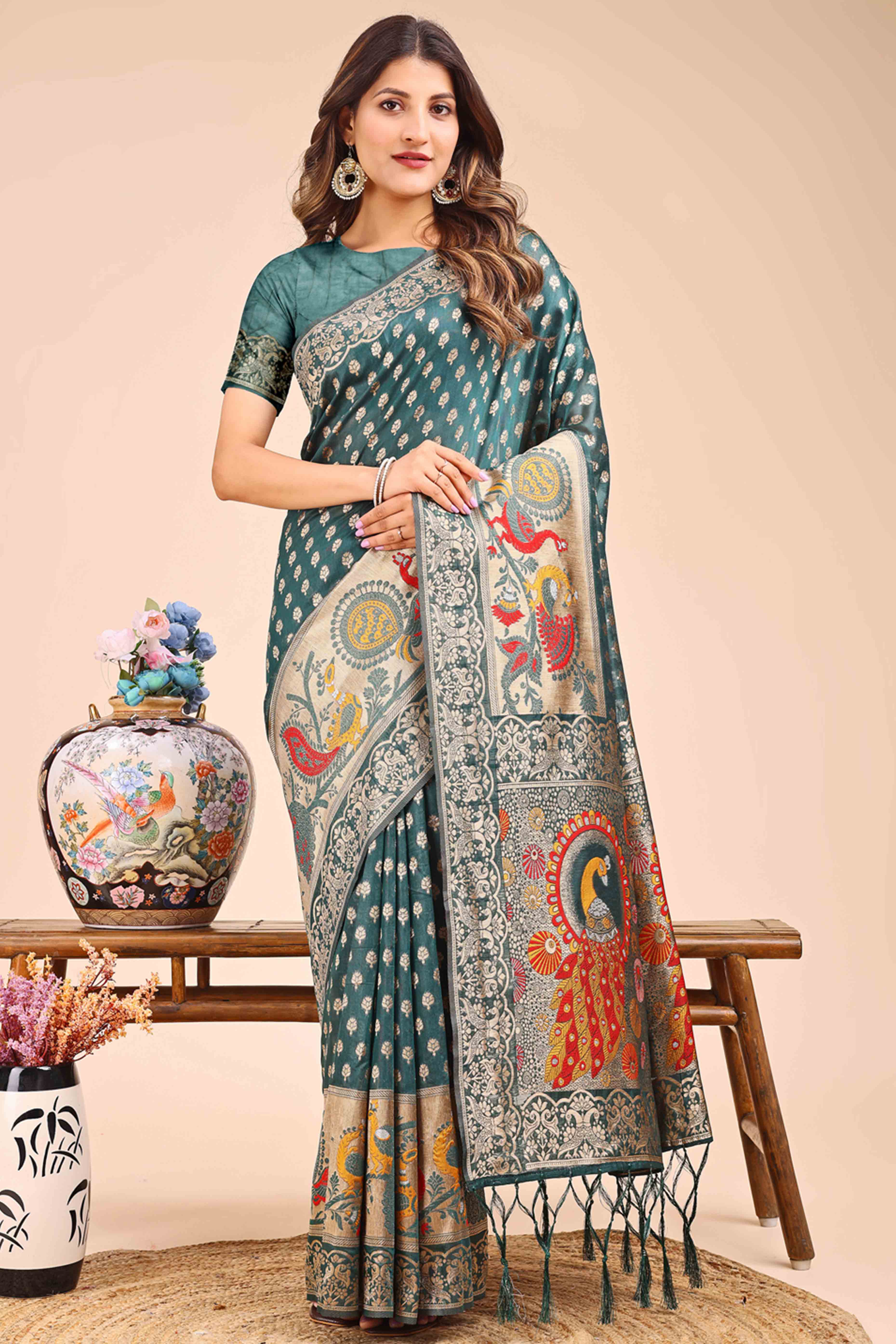 Green Floral Zari Weaving Embellished Linen Cotton Saree With Tassel Accents