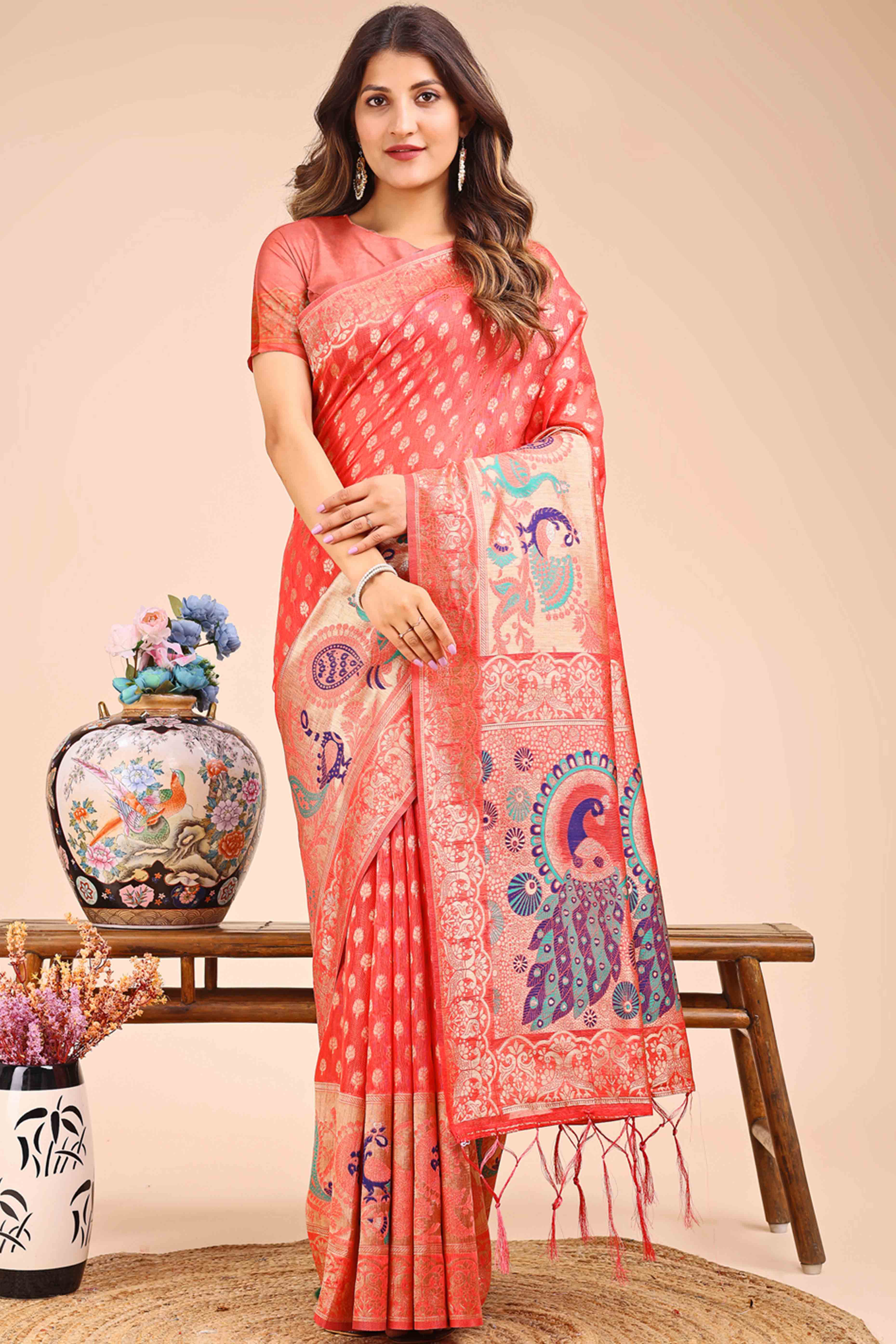 Coral Red Floral Zari Weaving Embellished Linen Cotton Saree With Tassel Accents