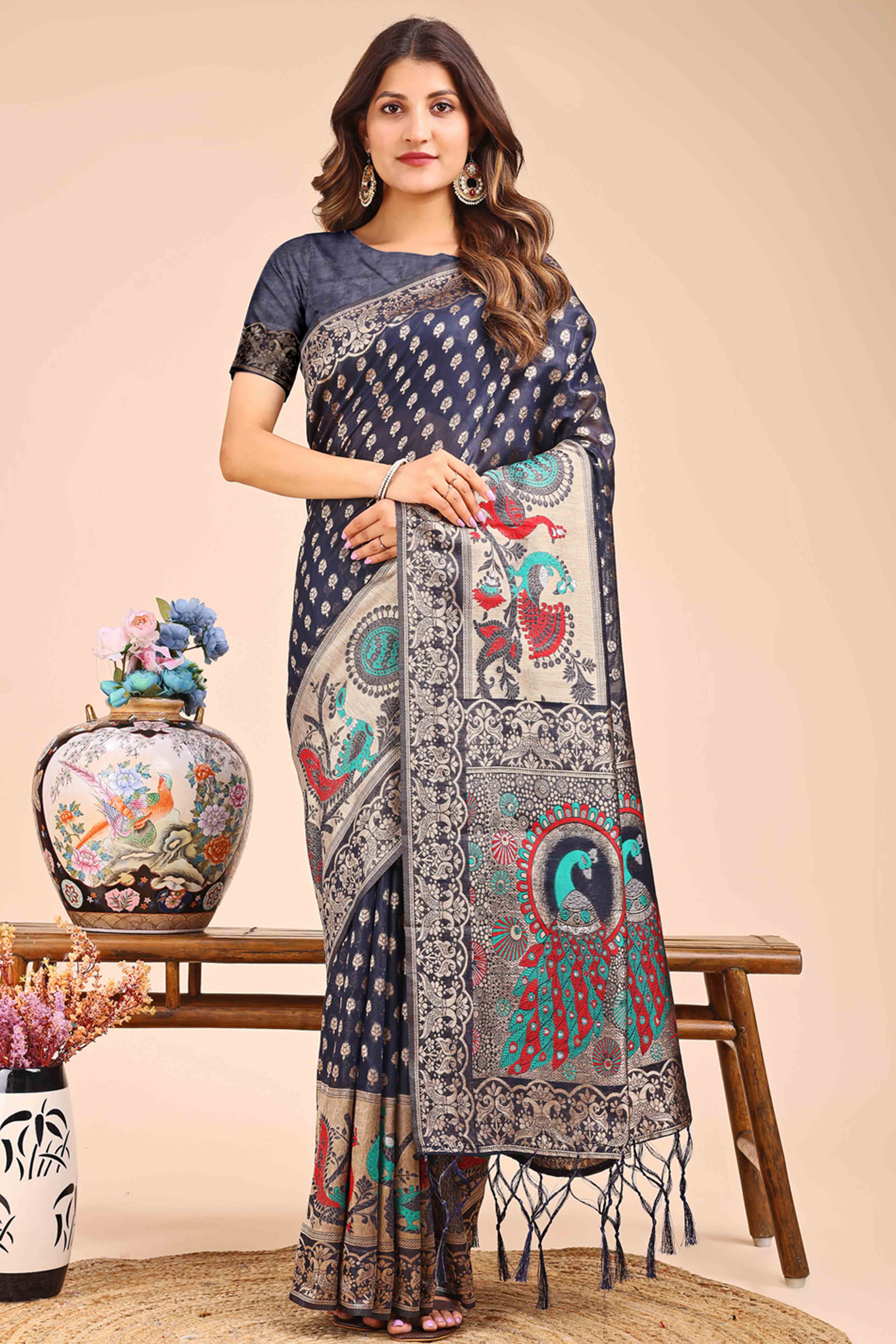 Navy Blue Floral Zari Weaving Embellished Linen Cotton Saree With Tassel Accents