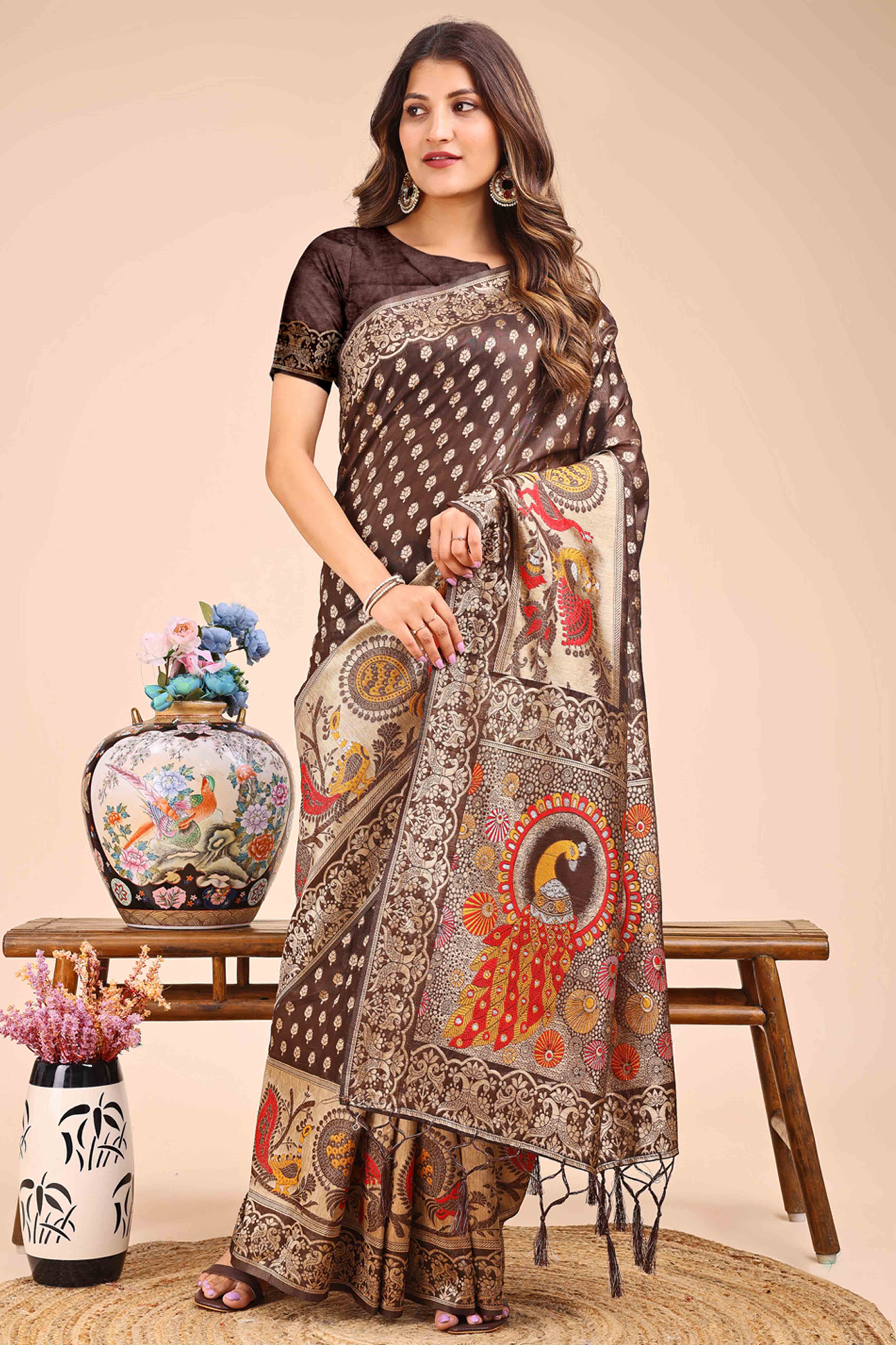 Brown Floral Zari Weaving Embellished Linen Cotton Saree With Tassel Accents