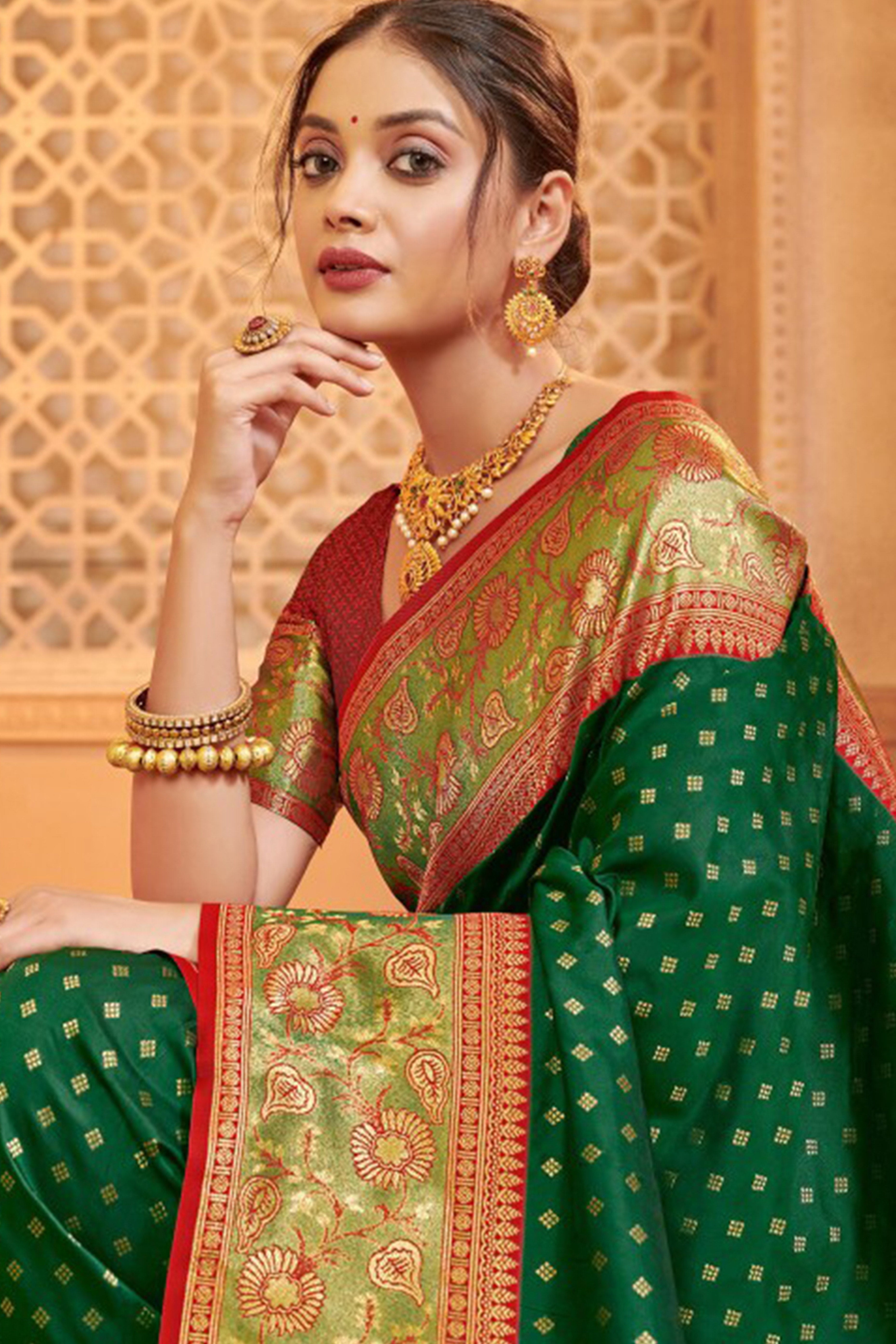 Elegant Dark Green Floral Zari Weaving Silk Blend Saree With Tassel Pallu