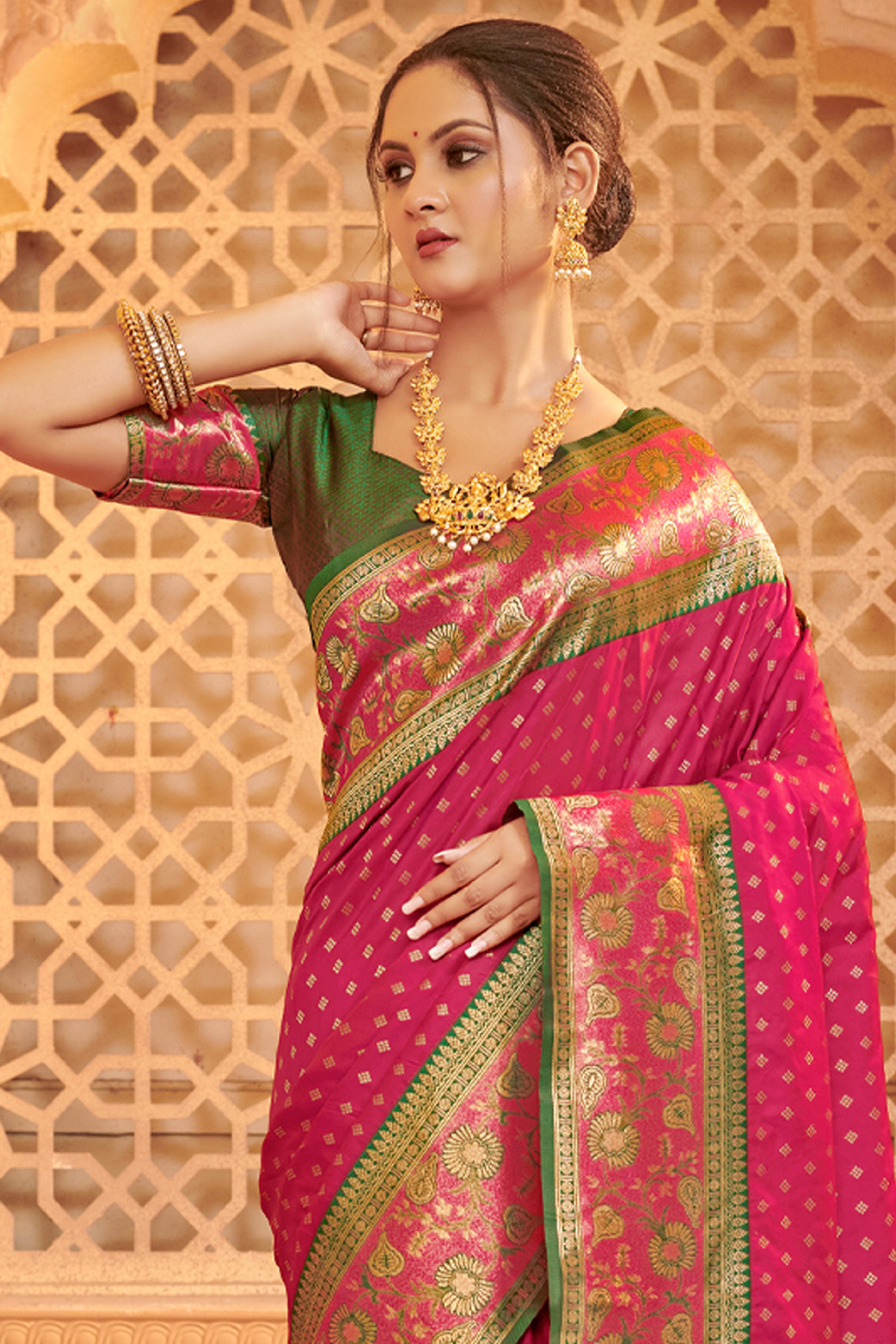 Elegant Rani Pink Floral Zari Weaving Silk Blend Saree With Tassel Pallu