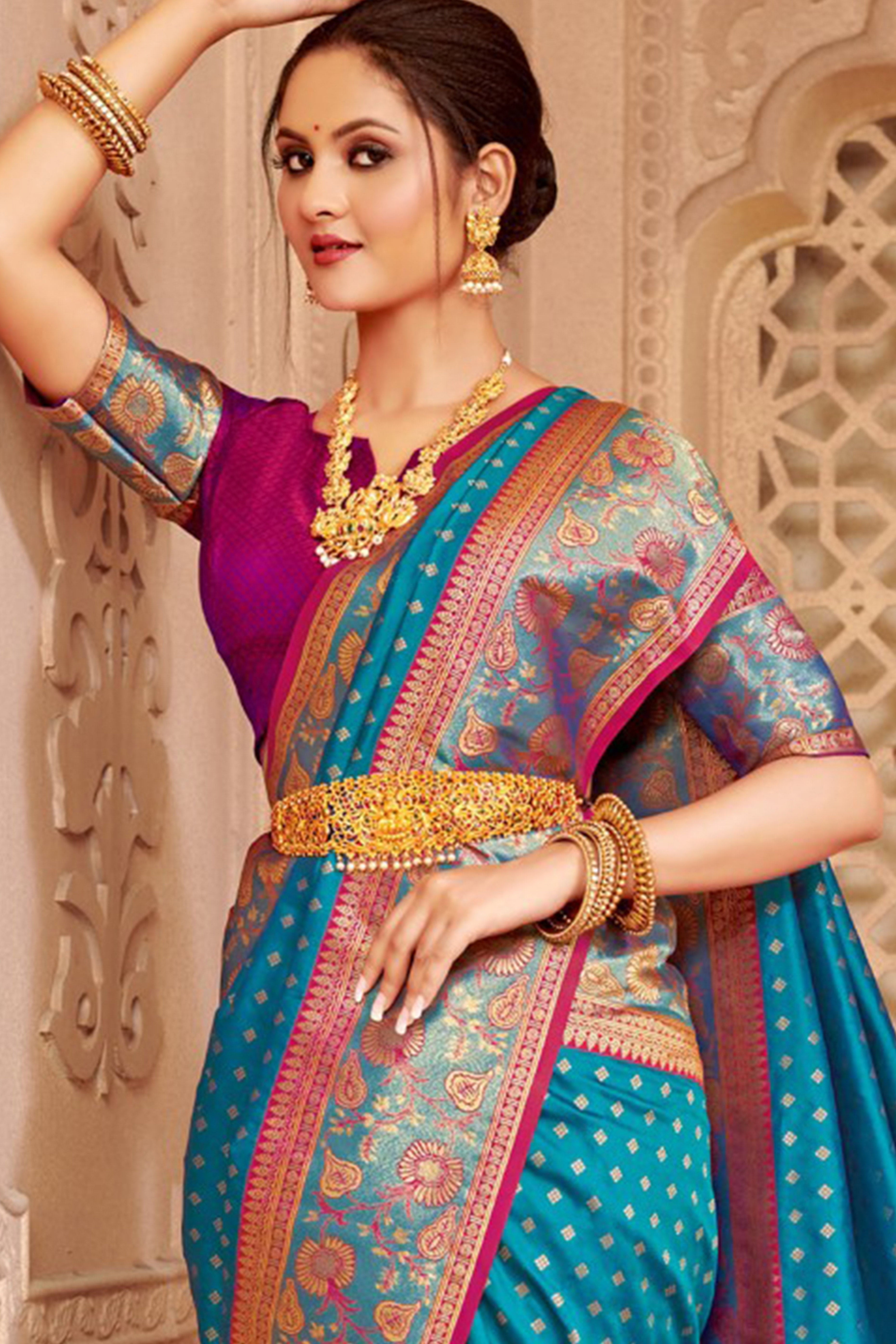 Elegant Blue Floral Zari Weaving Silk Blend Saree With Tassel Pallu