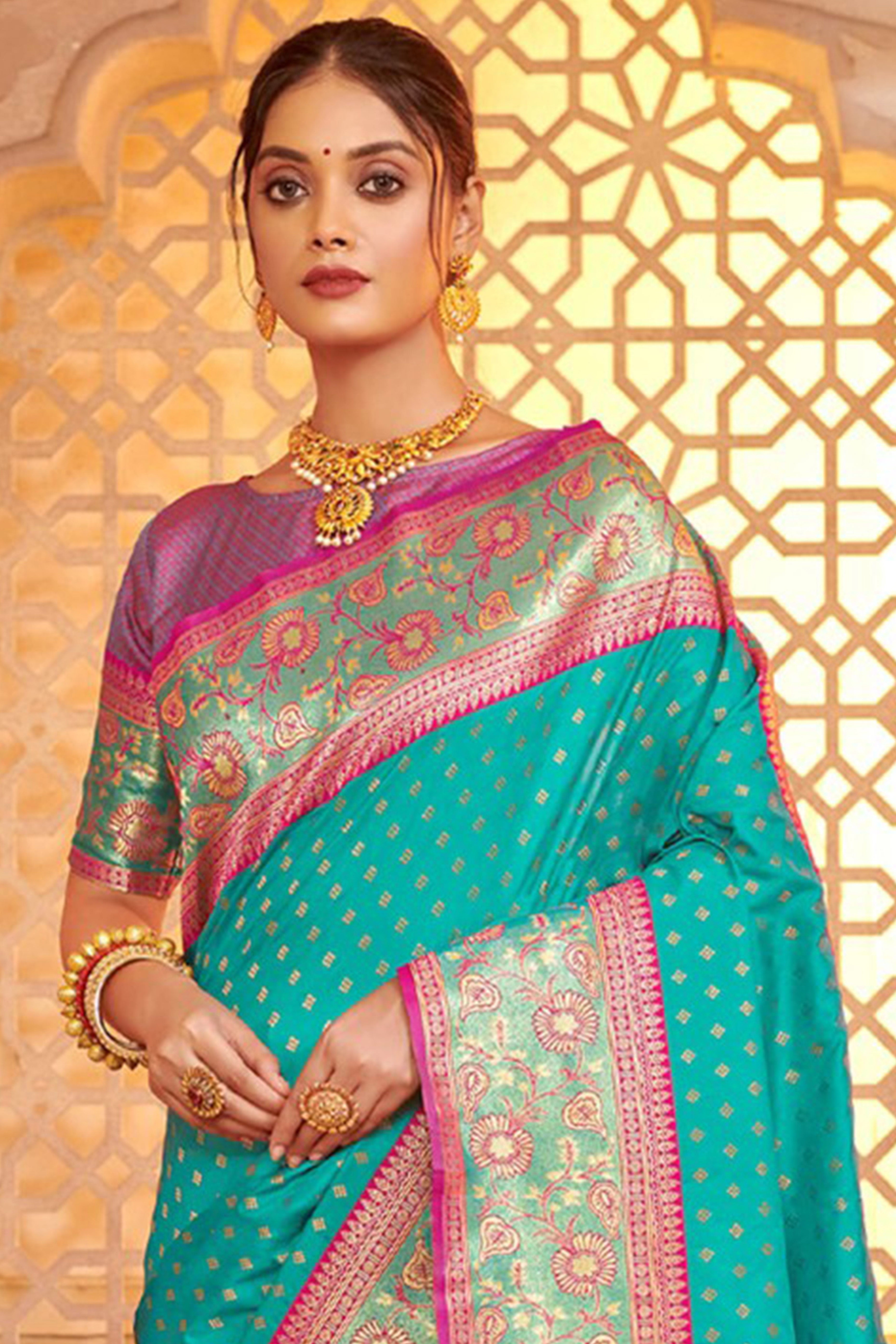 Elegant Turquoise Floral Zari Weaving Silk Blend Saree With Tassel Pallu