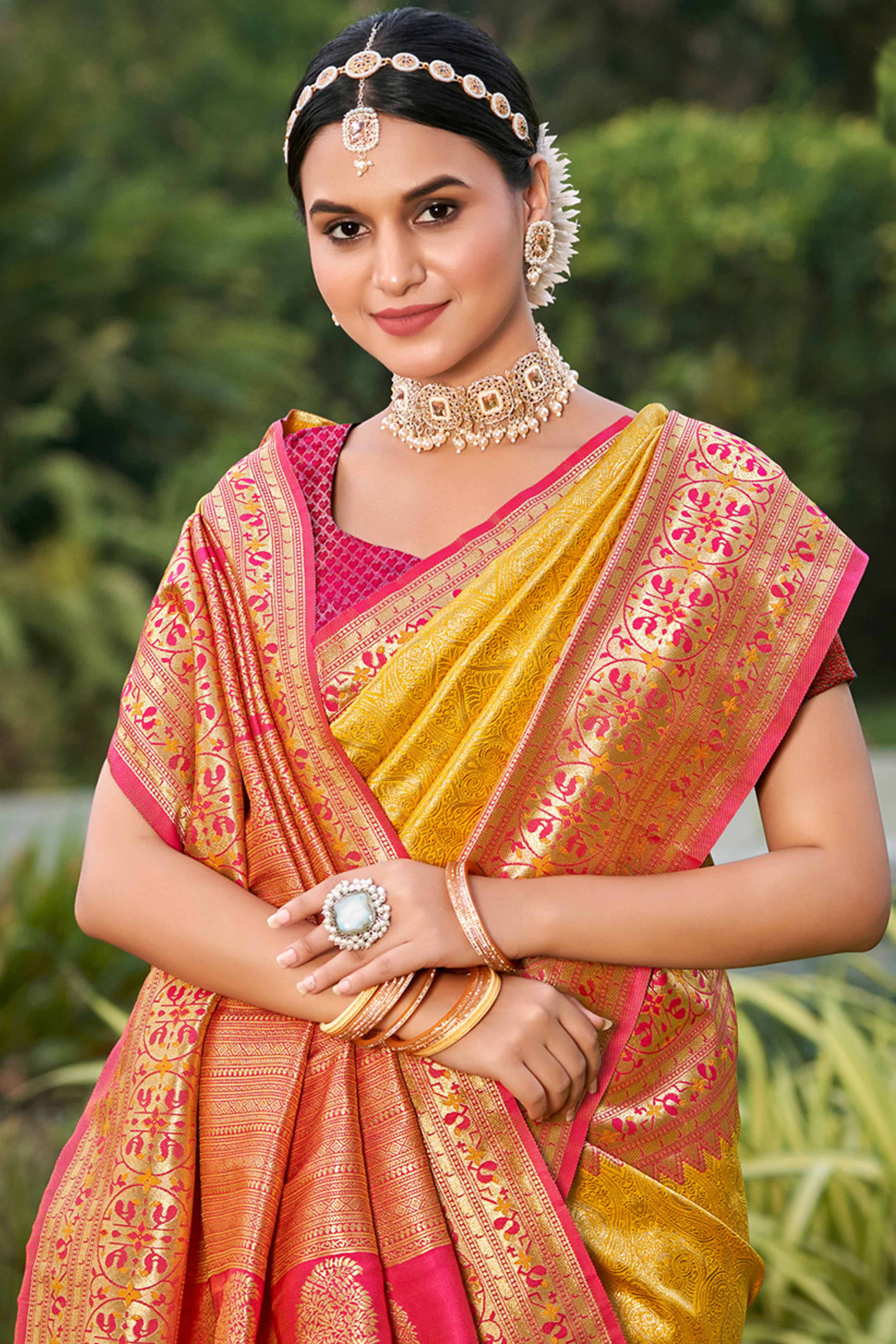 Yellow Floral Zari Woven Saree In Banarasi Silk With Delicate Tassel Accents Pallu