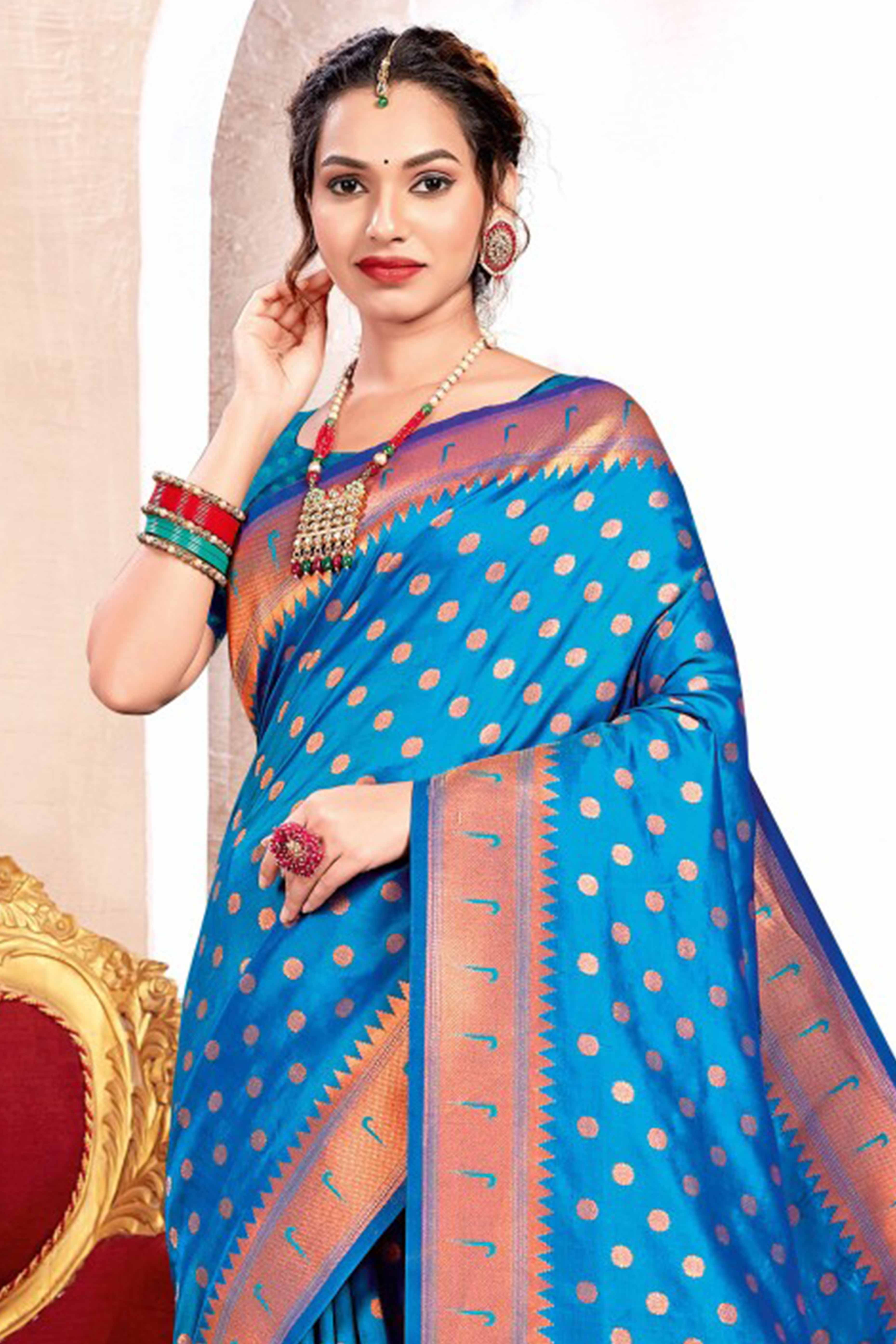 Blue Floral Zari Weaving Paithani Saree In Lustrous Banarasi Silk With Tassel Pallu