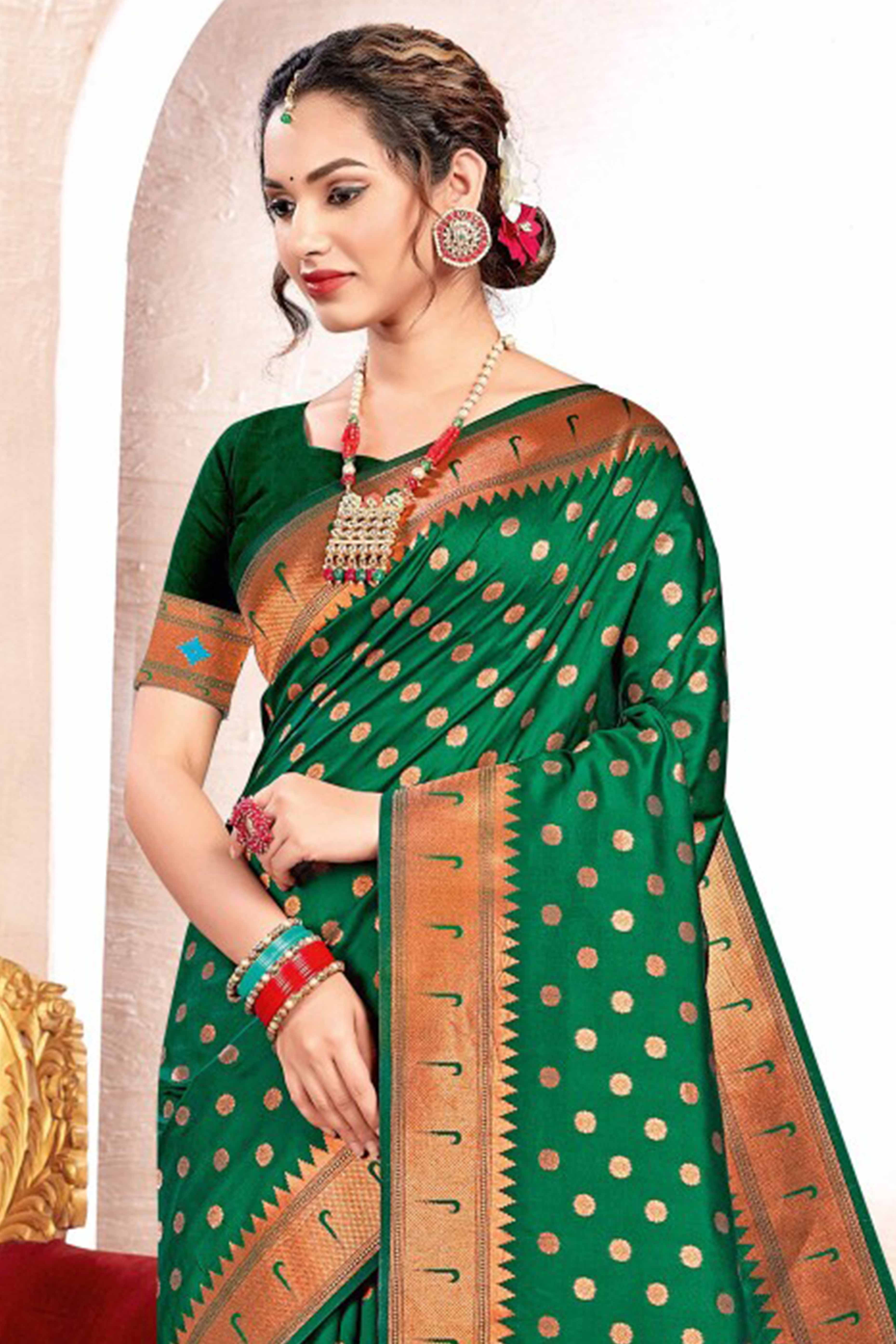 Green Floral Zari Weaving Paithani Saree In Lustrous Banarasi Silk With Tassel Pallu