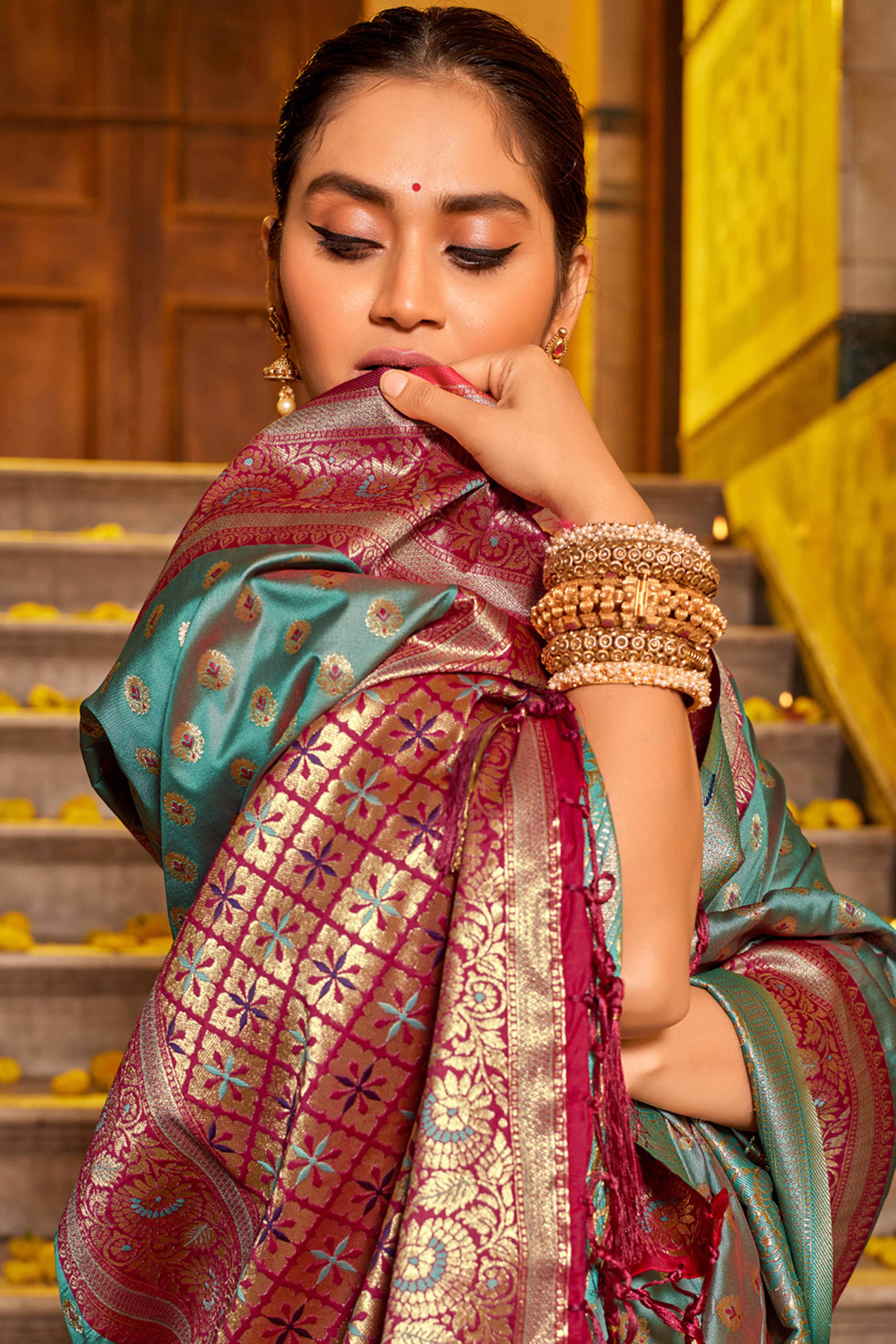 Teal Green Banarasi Silk Saree Featuring Intricate Floral Weaving & Elegant Tassel Pallu