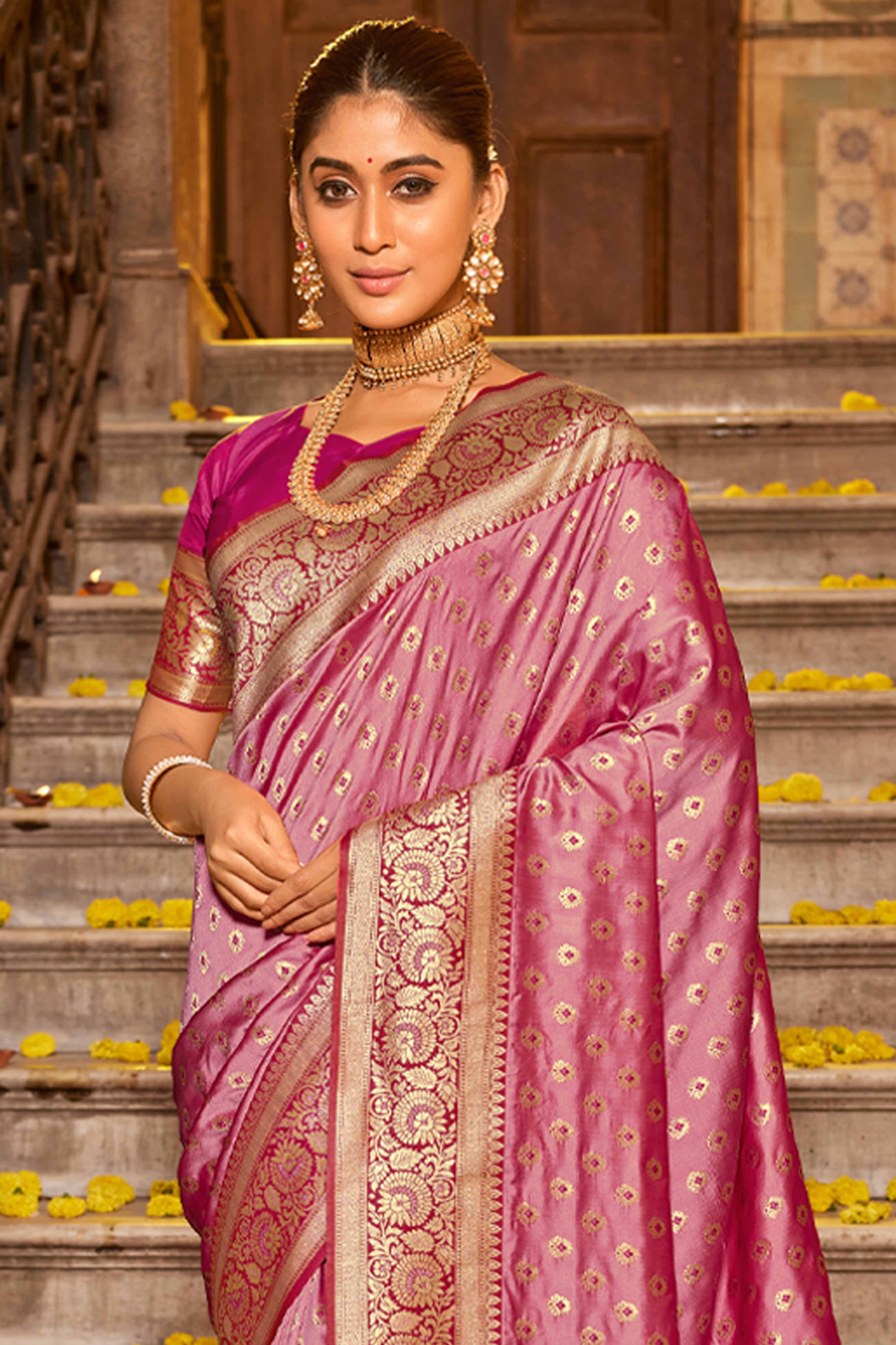 Onion Pink Banarasi Silk Saree Featuring Intricate Floral Weaving & Elegant Tassel Pallu