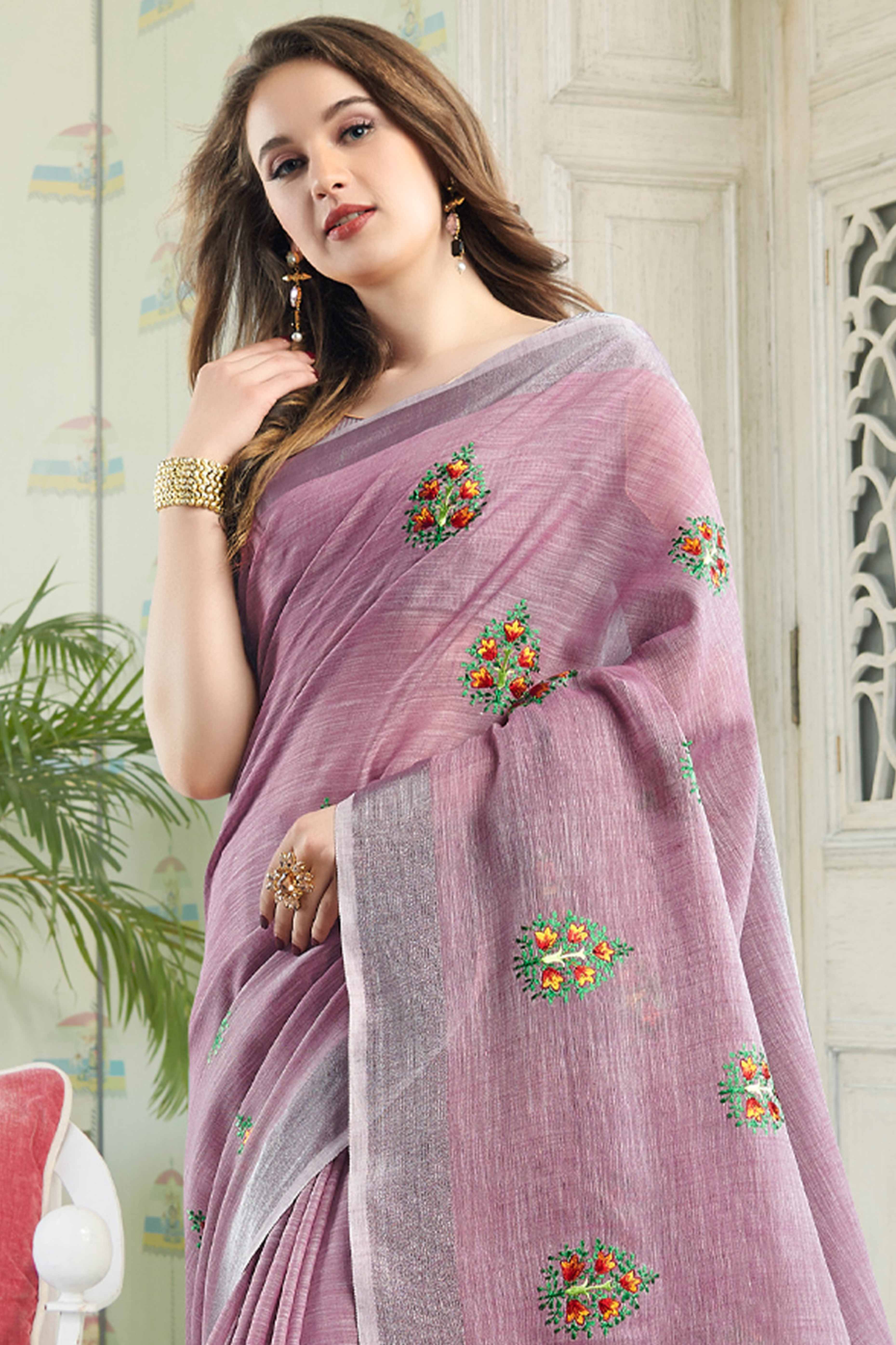 Light Purple Linen Saree with Intricate Floral Embroidery and Classic Weaving