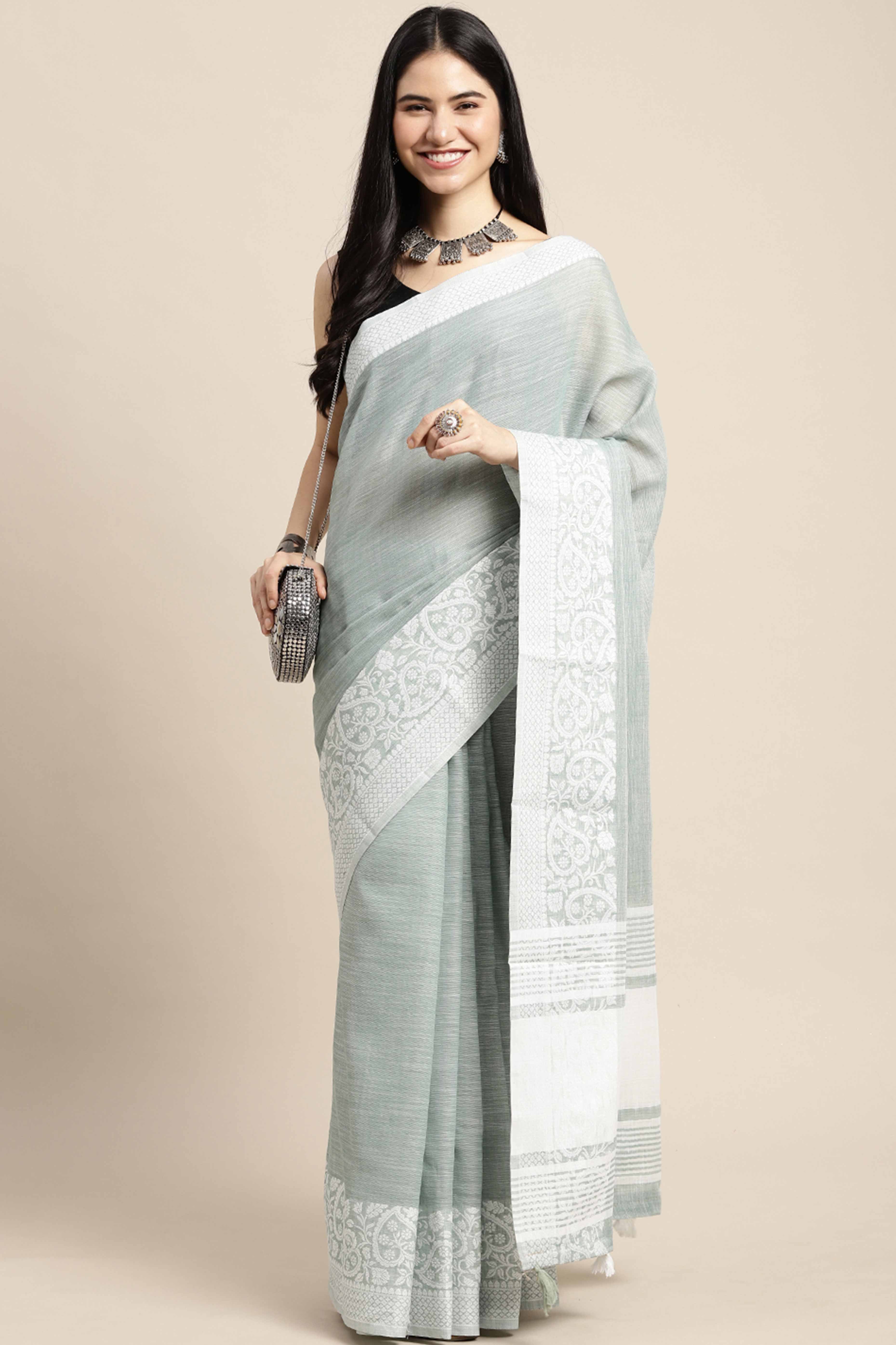 Sea Green Festive Linen Weaving Saree with Silver Zari Border & Pallu