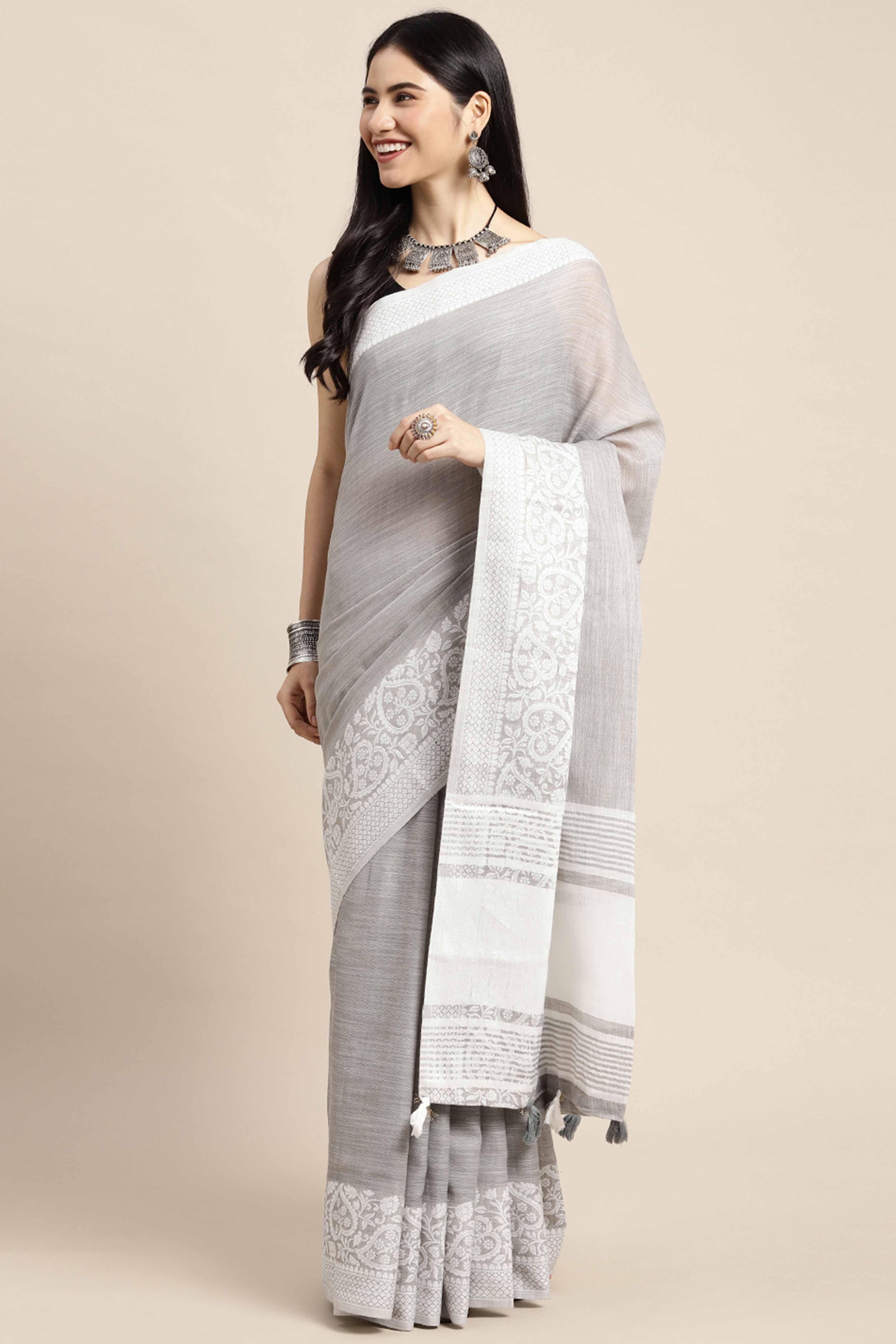 Grey Festive Linen Weaving Saree with Silver Zari Border & Pallu