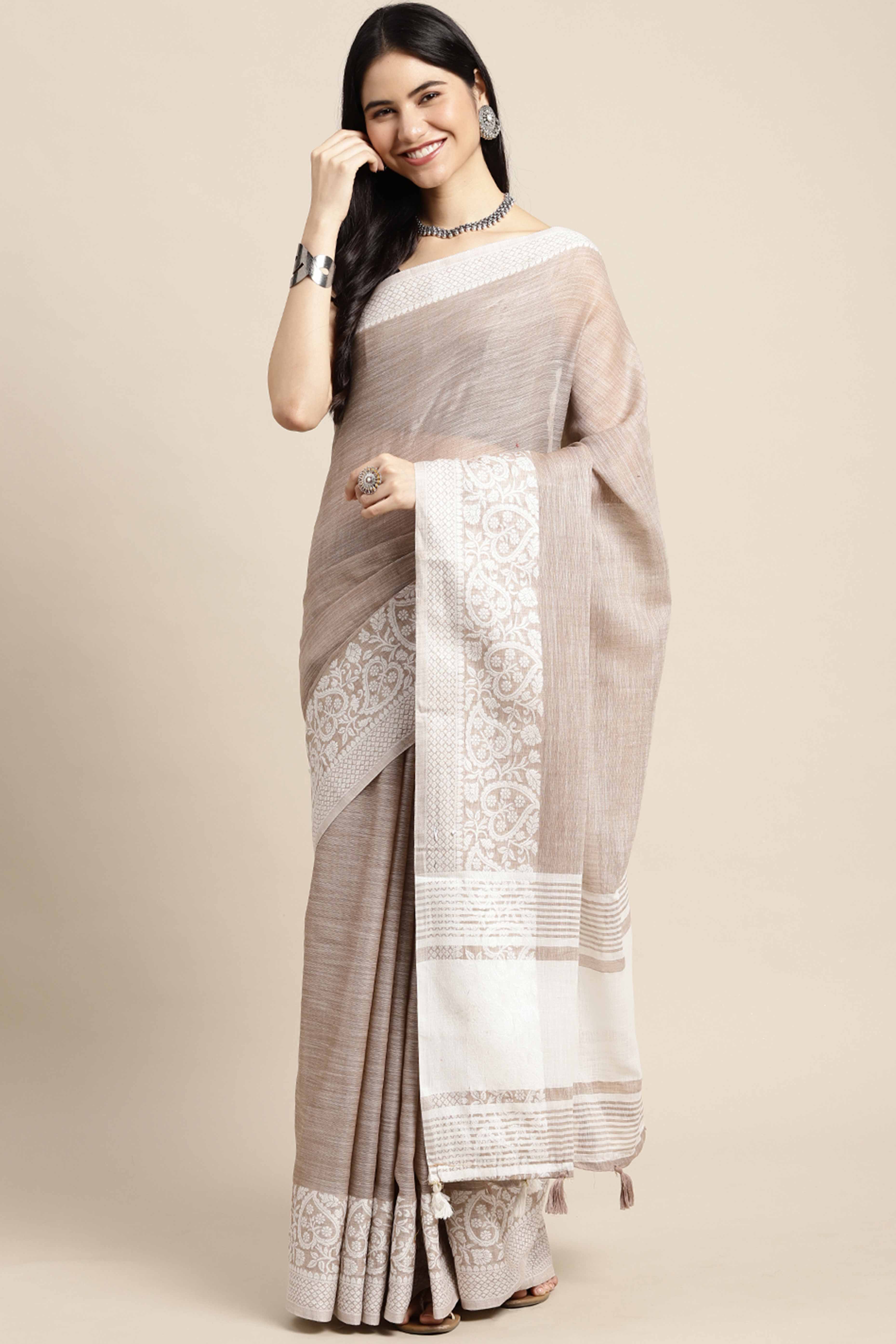 Beige Festive Linen Weaving Saree with Silver Zari Border & Pallu