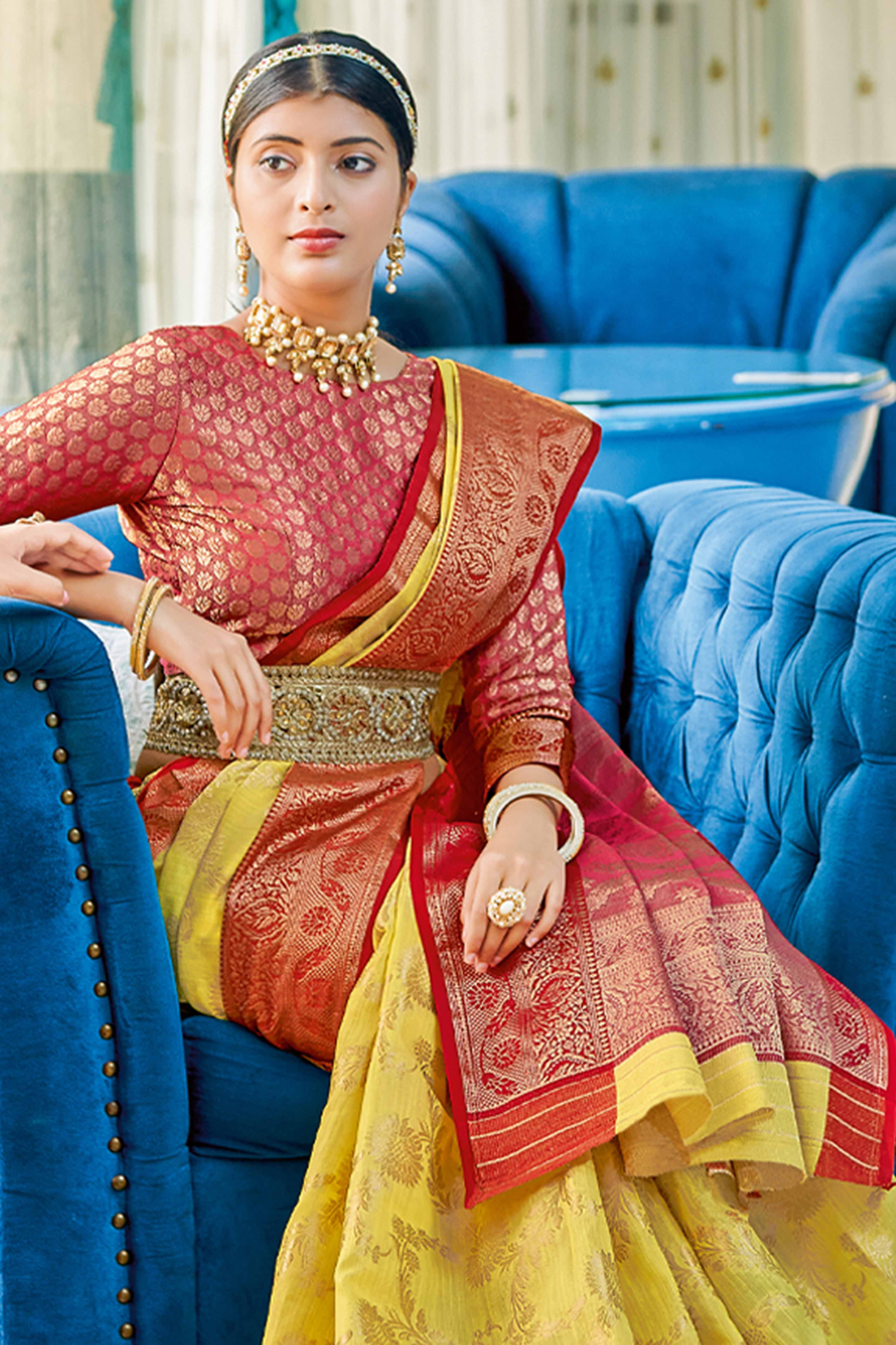 Yellow Saree Featuring Exquisite Floral Zari Weaving On Linen Cotton