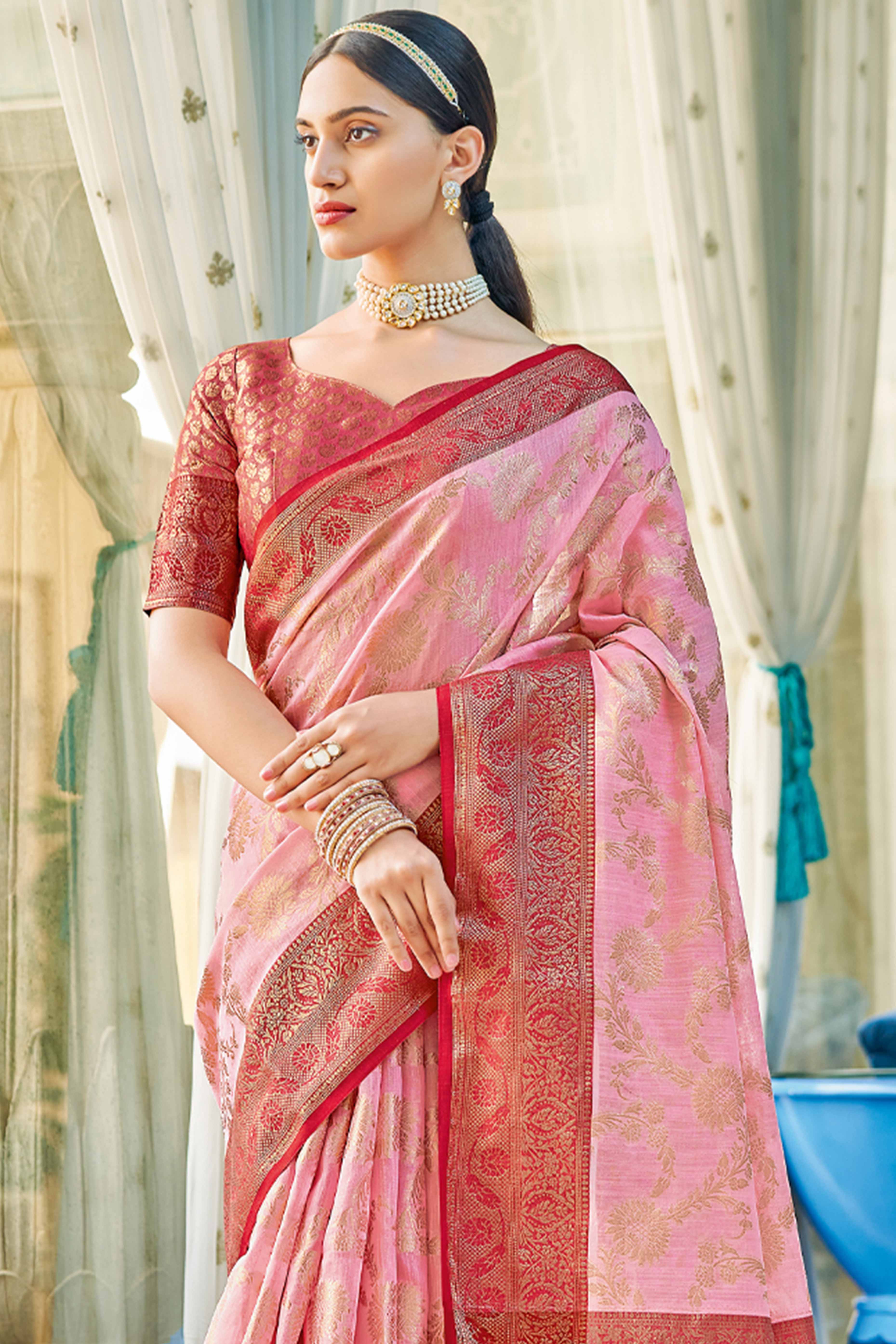 Light Pink Saree Featuring Exquisite Floral Zari Weaving On Linen Cotton