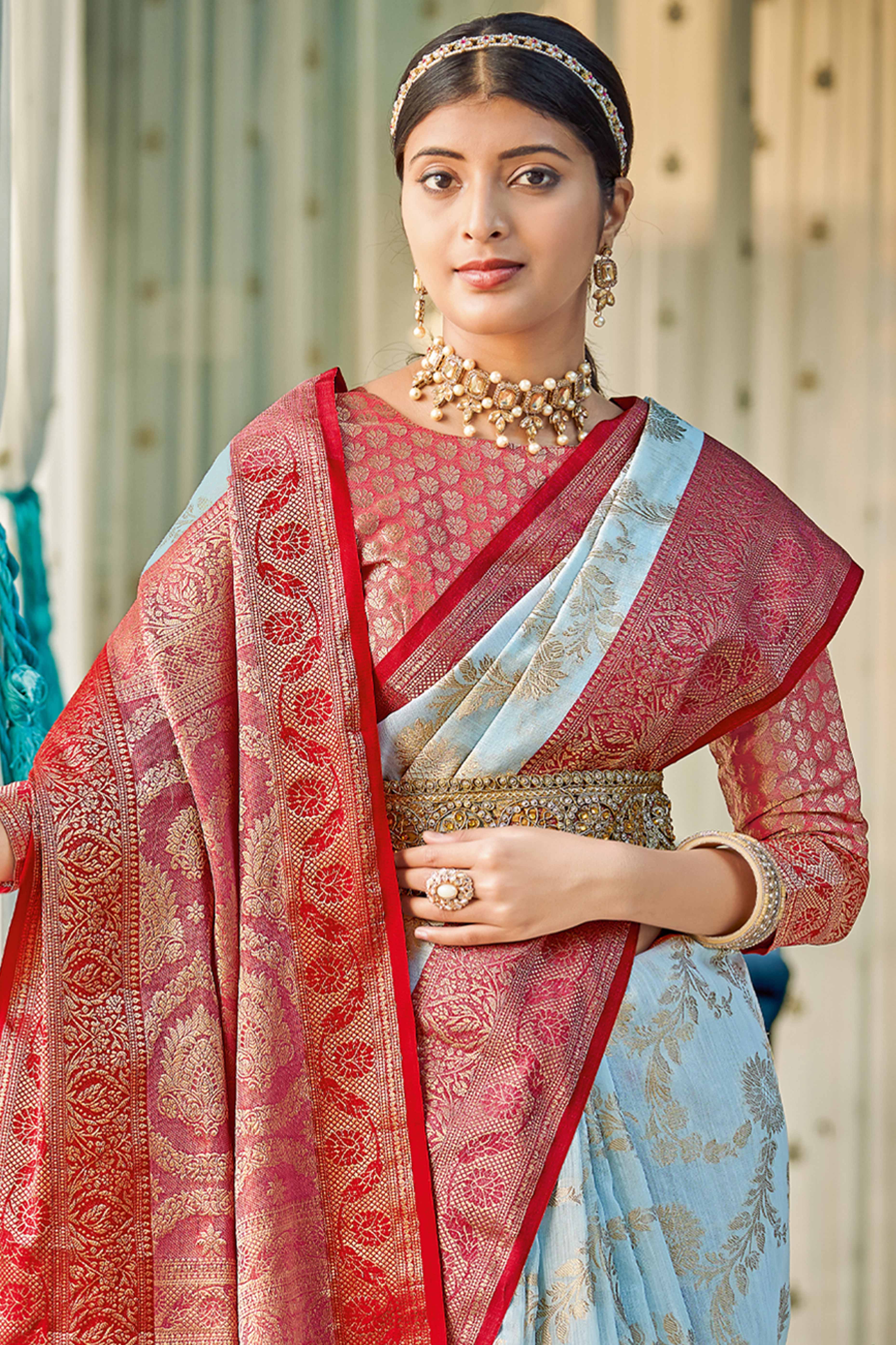 Sky Blue Saree Featuring Exquisite Floral Zari Weaving On Linen Cotton