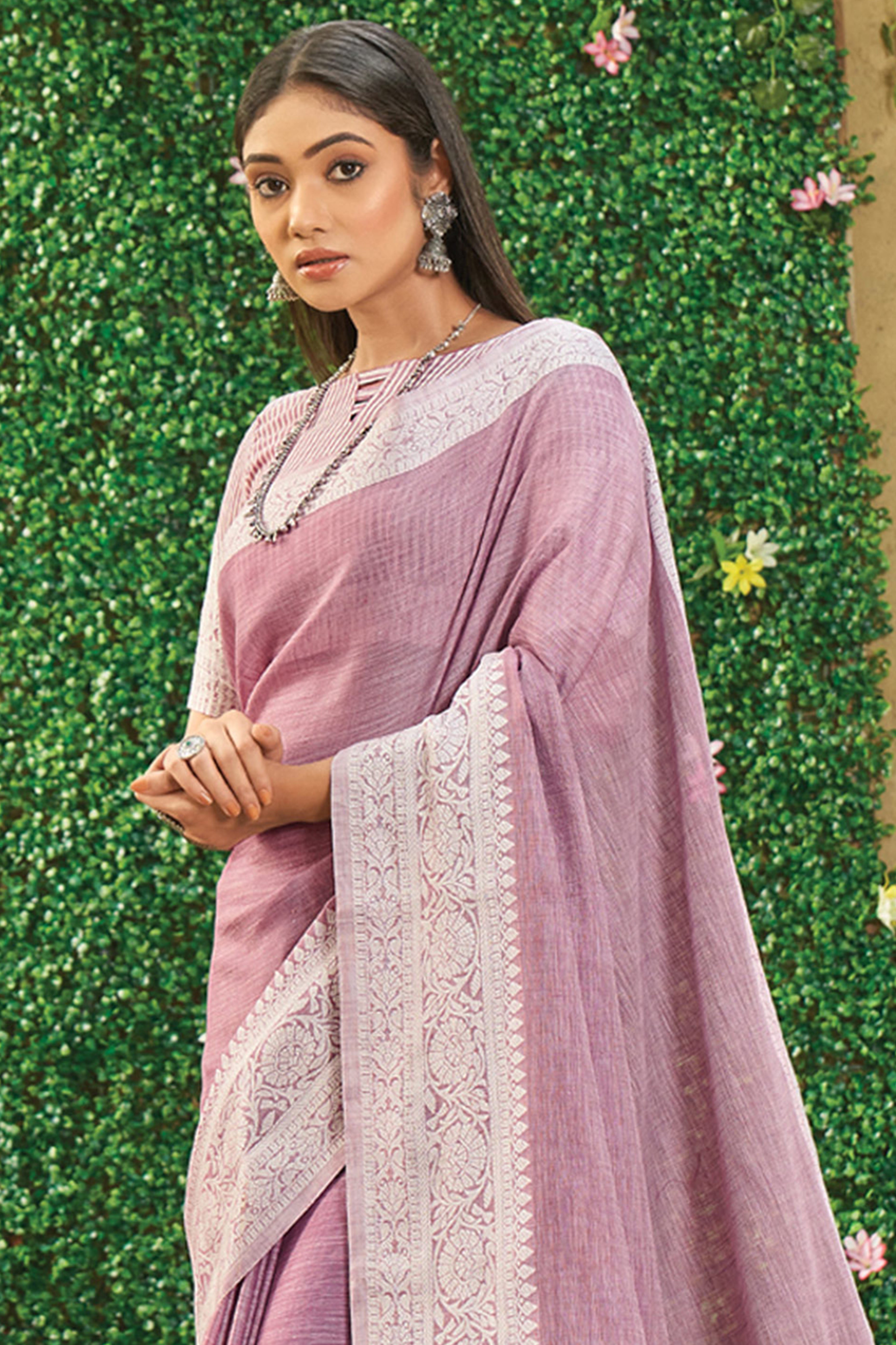 Onion Pink Lightweight Linen Saree with Decorative Zari Border Weaving