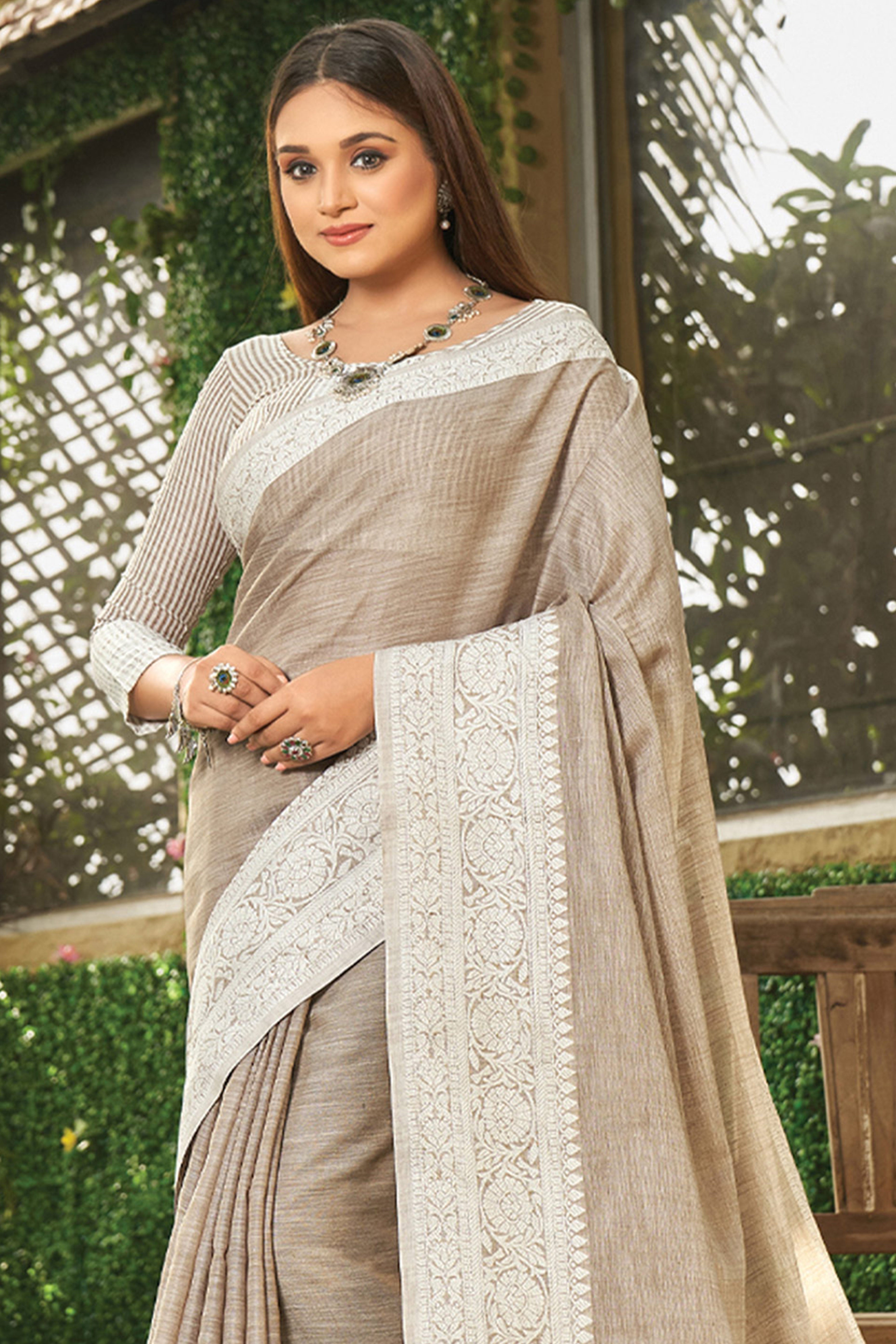 Light Brown Lightweight Linen Saree with Decorative Zari Border Weaving