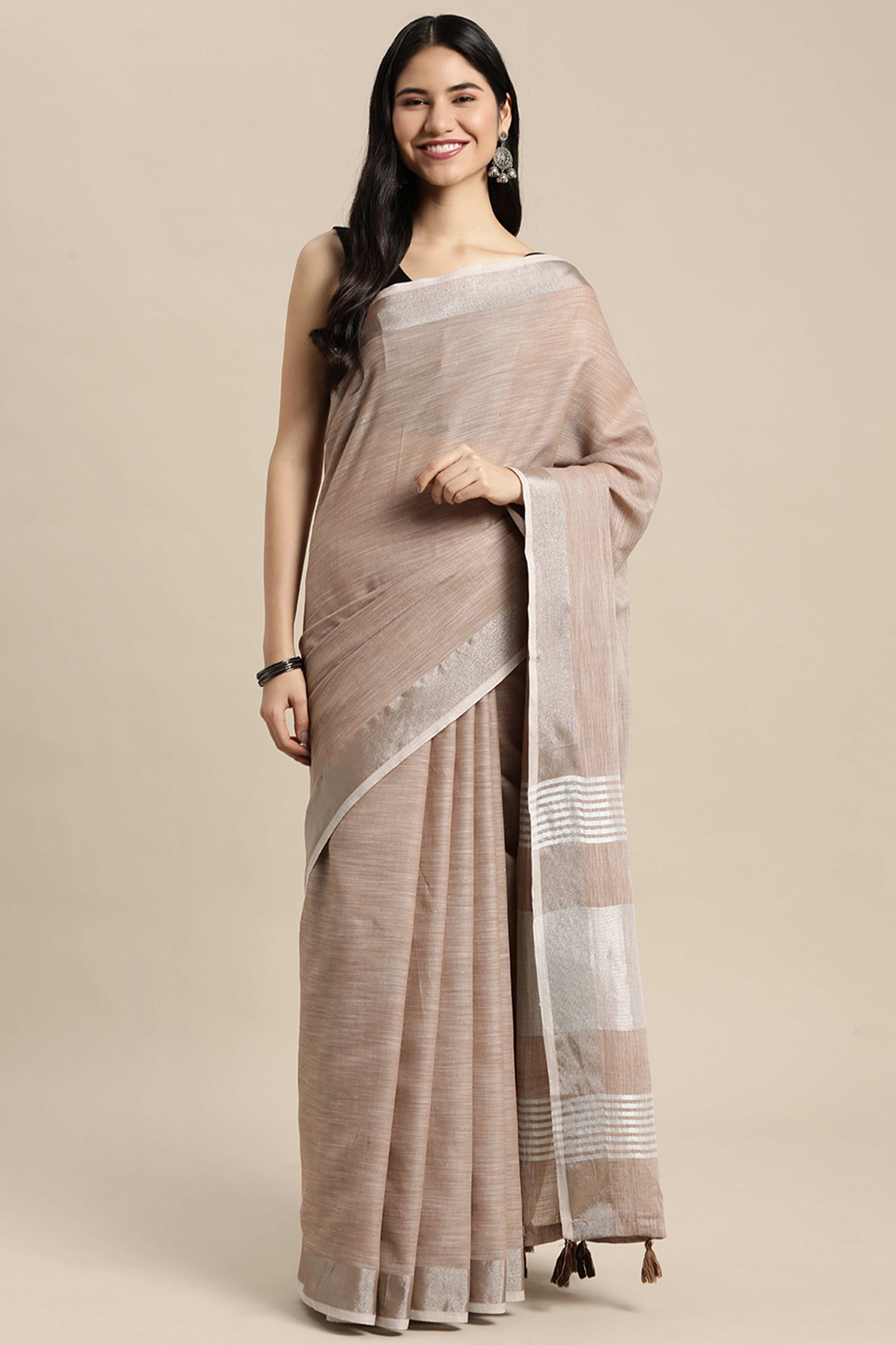 Brown Linen Saree Adorned With Silver Zari Weaving Border & Pallu