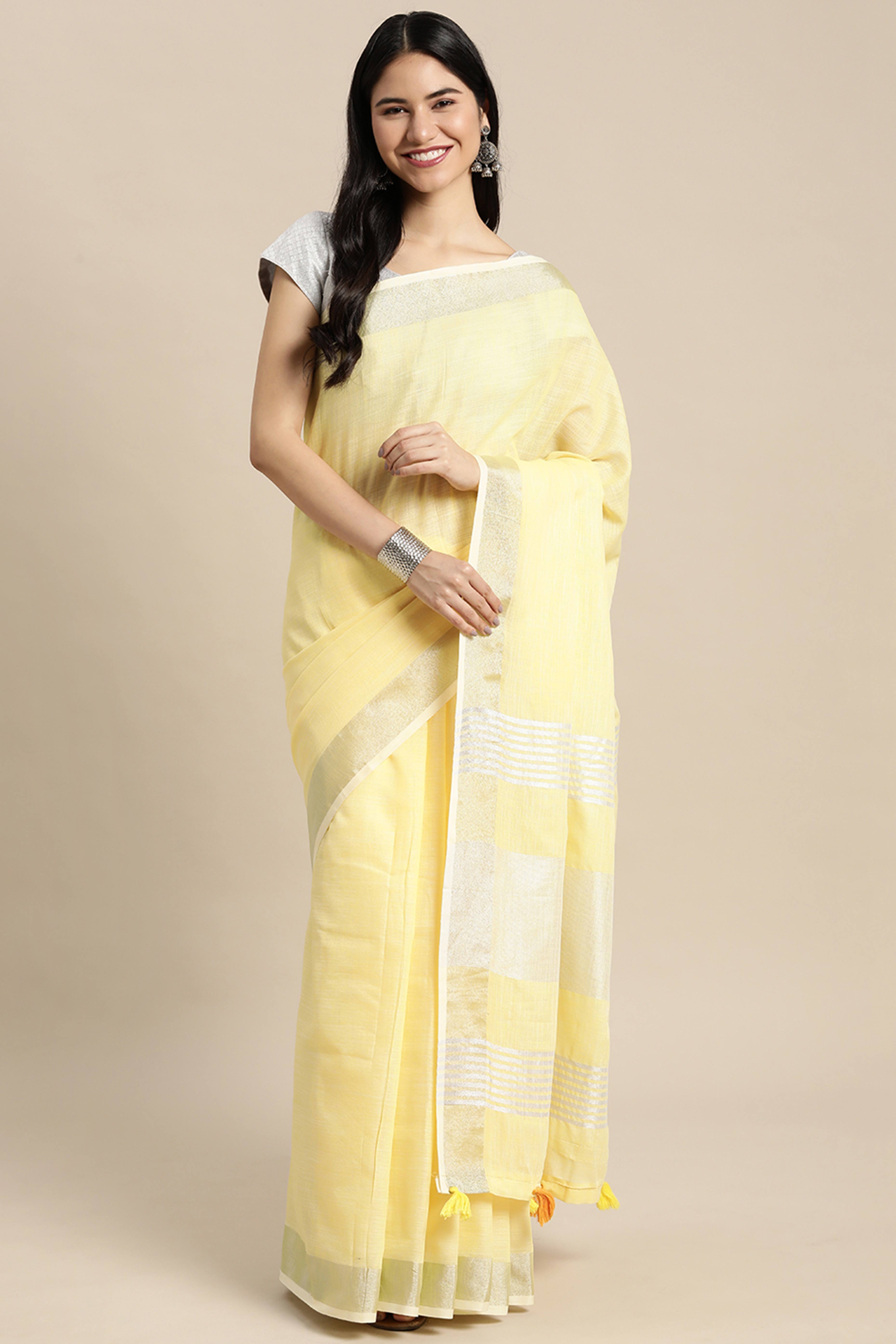 Yellow Linen Saree Adorned With Silver Zari Weaving Border & Pallu