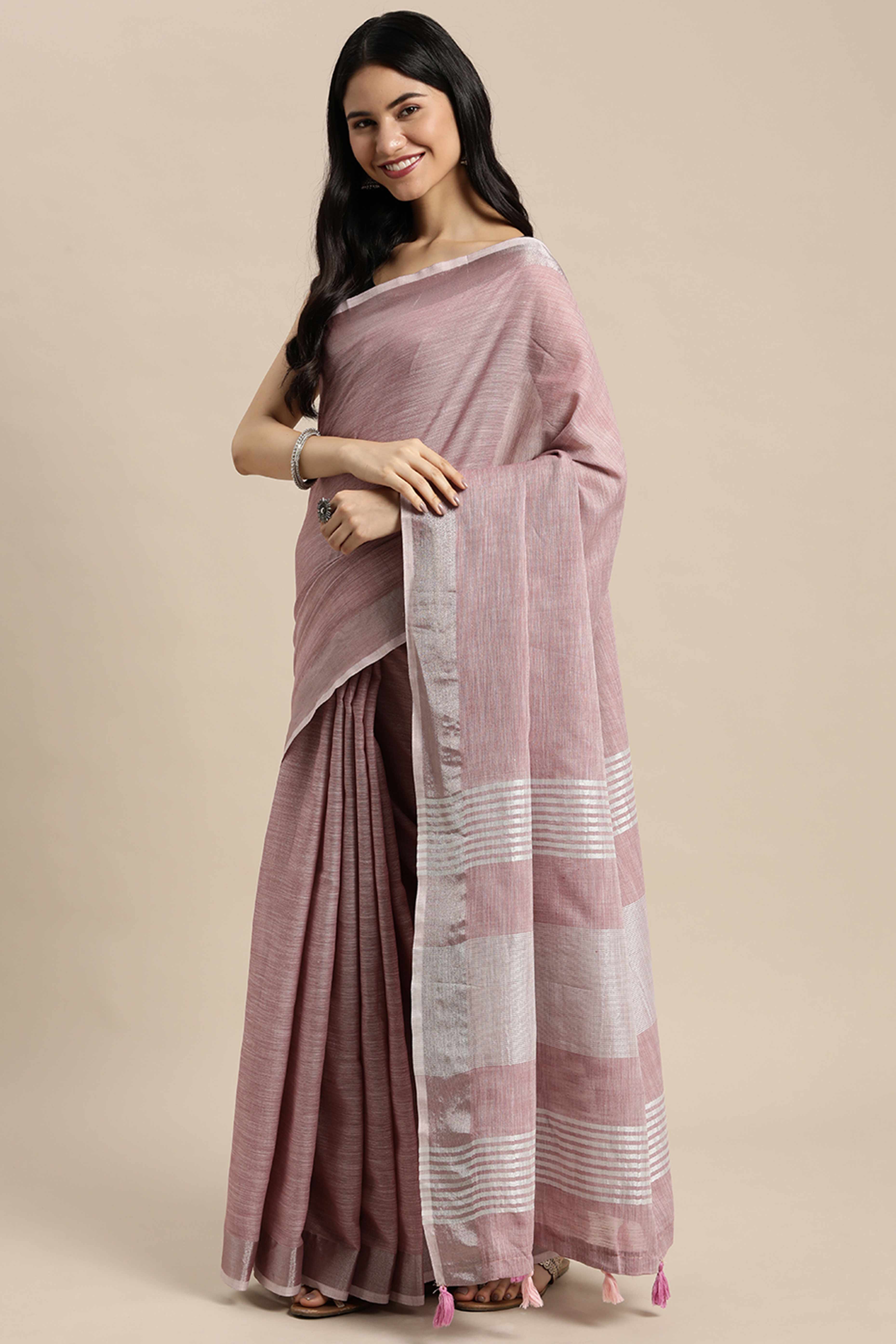 Dusty Mauve Linen Saree Adorned With Silver Zari Weaving Border & Pallu