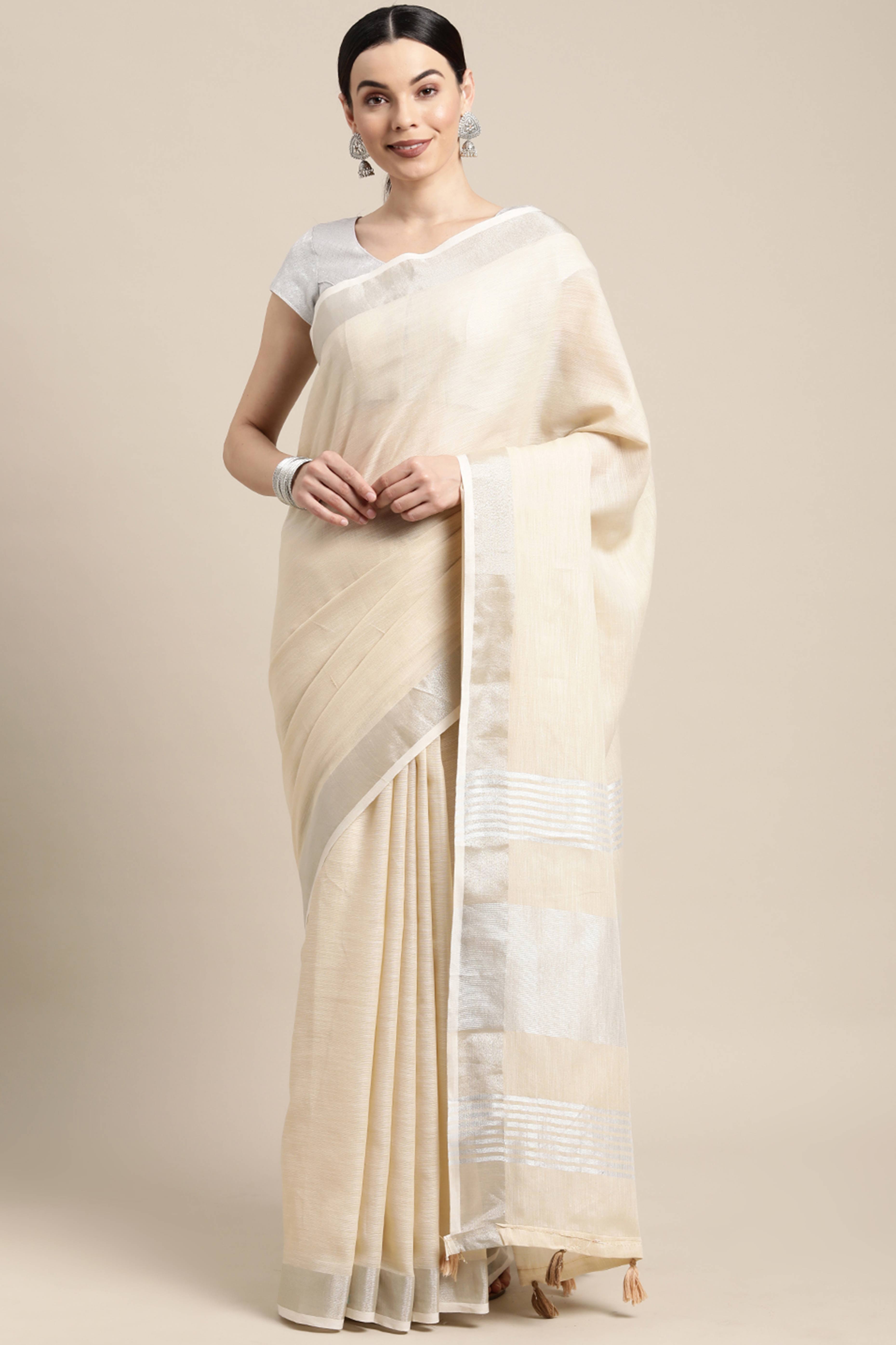 Light Beige Linen Saree Adorned With Silver Zari Weaving Border & Pallu