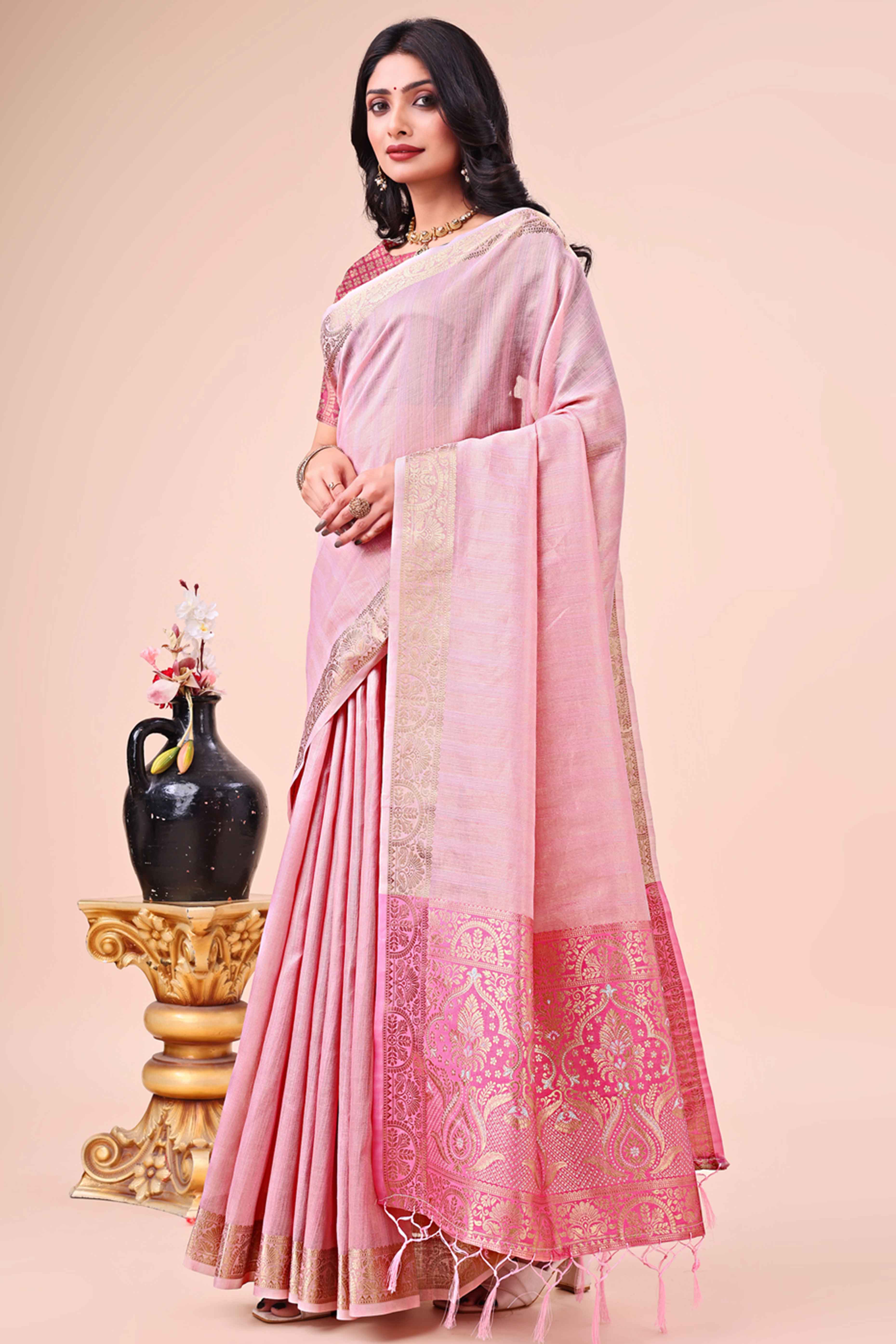 Pink Organza Saree With Floral Zari Weave & Tassel Accents