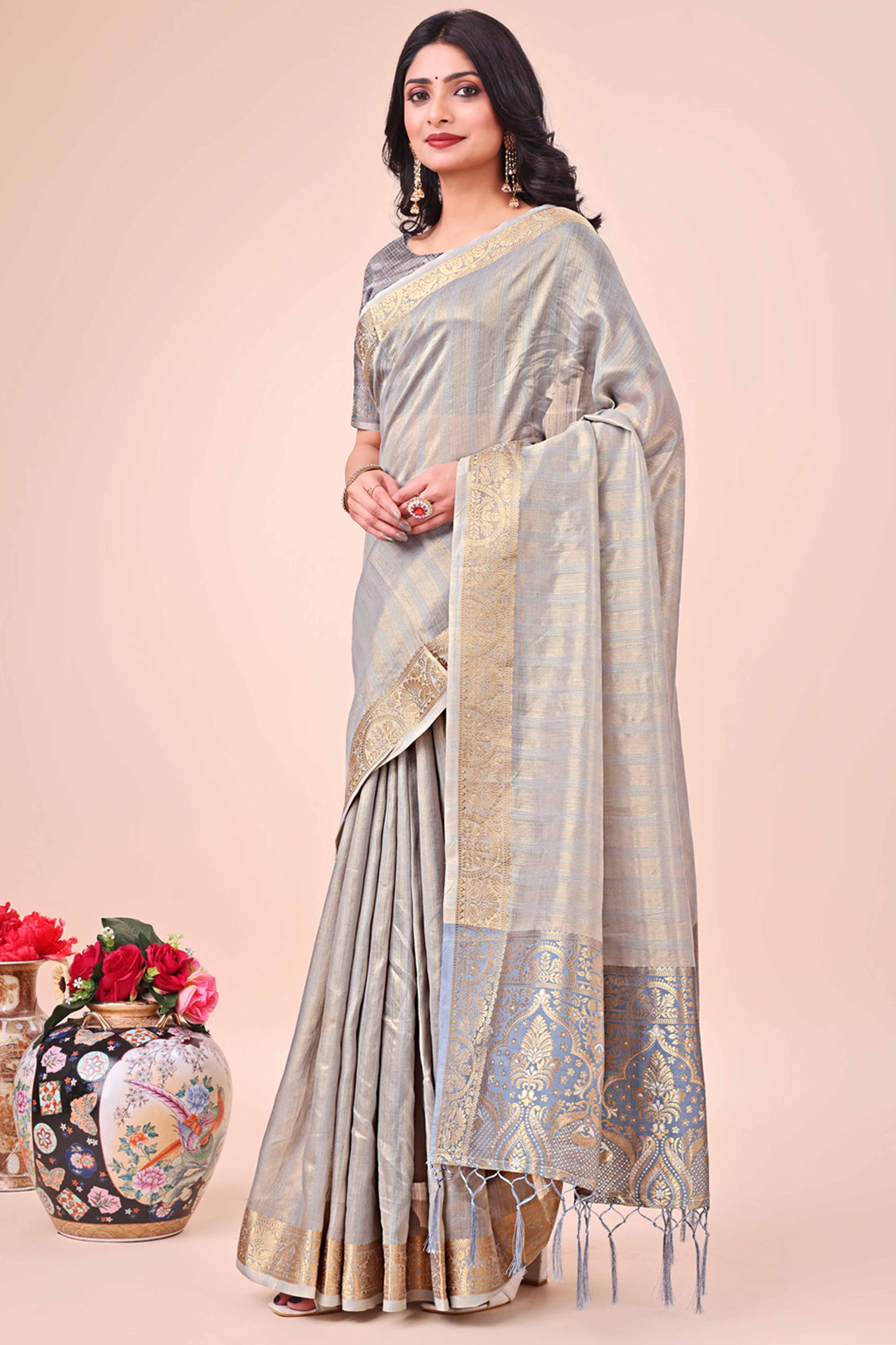 Grey Organza Saree With Floral Zari Weave & Tassel Accents