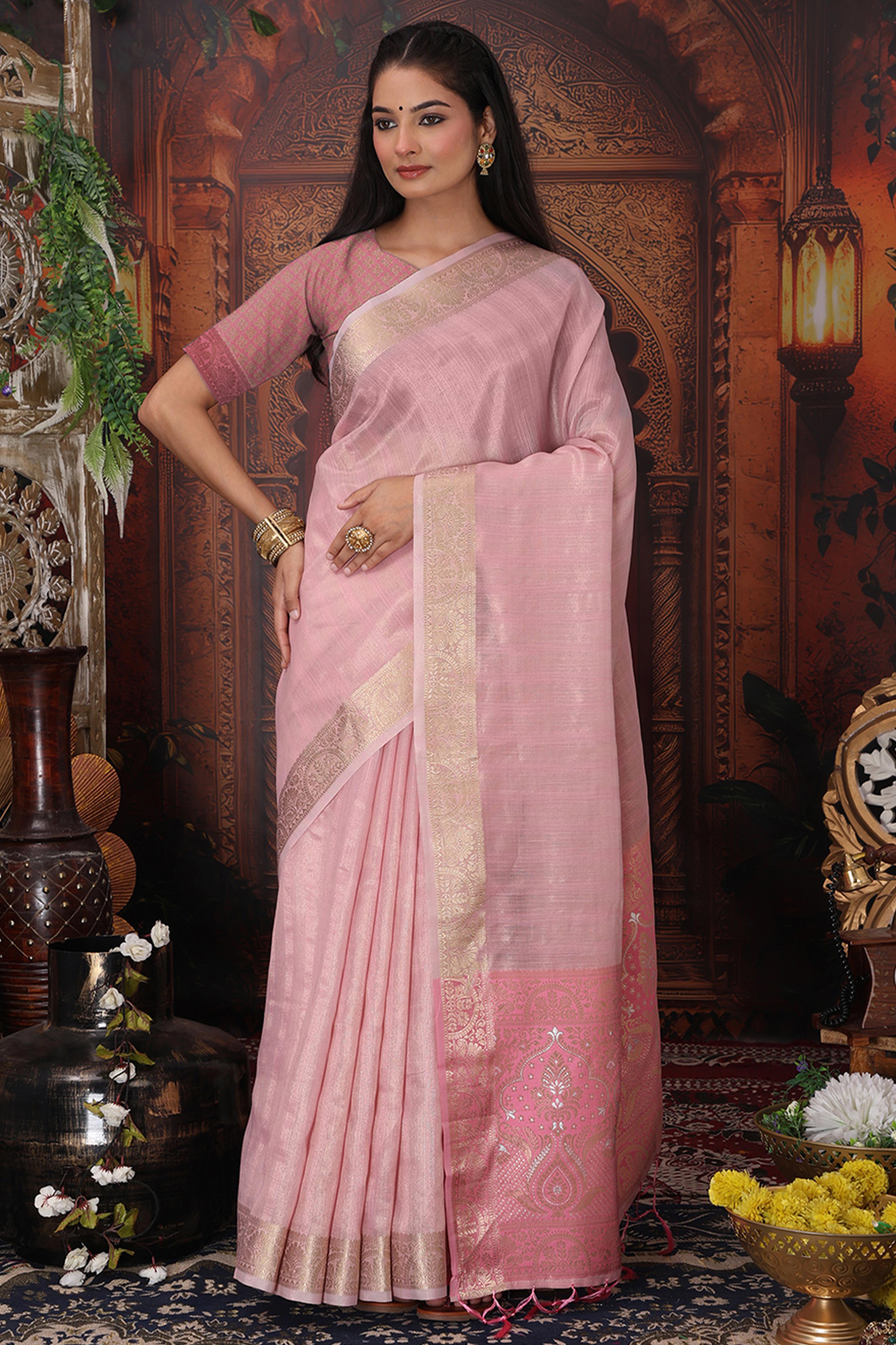 Light Pink Organza Saree Adorned With Floral Zari Weaving & Graceful Tassel Pallu