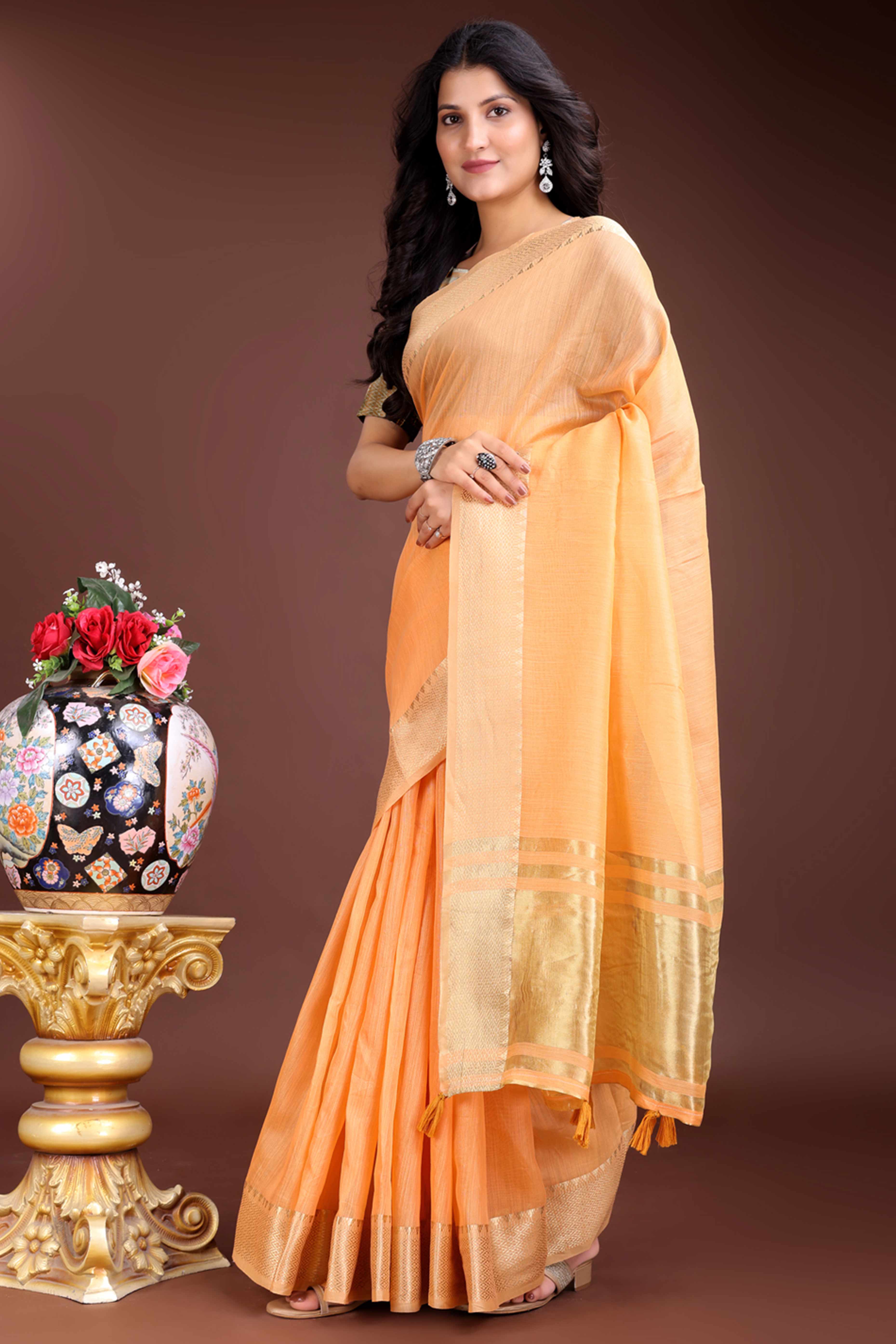 Orange Cotton Silk Saree with Solid Zari Woven Border and Tassels