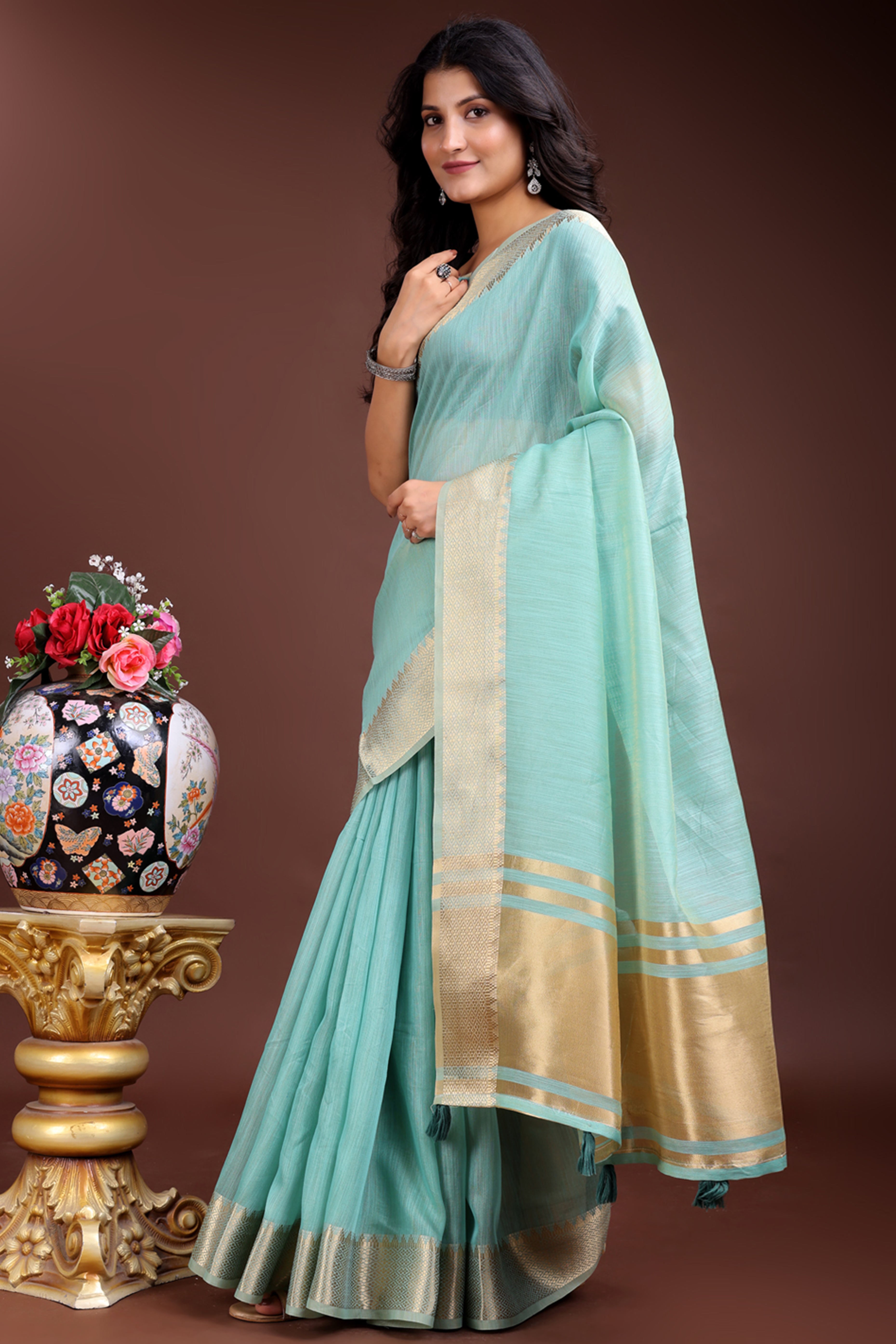 Sea Green Cotton Silk Saree with Solid Zari Woven Frame and Tassels