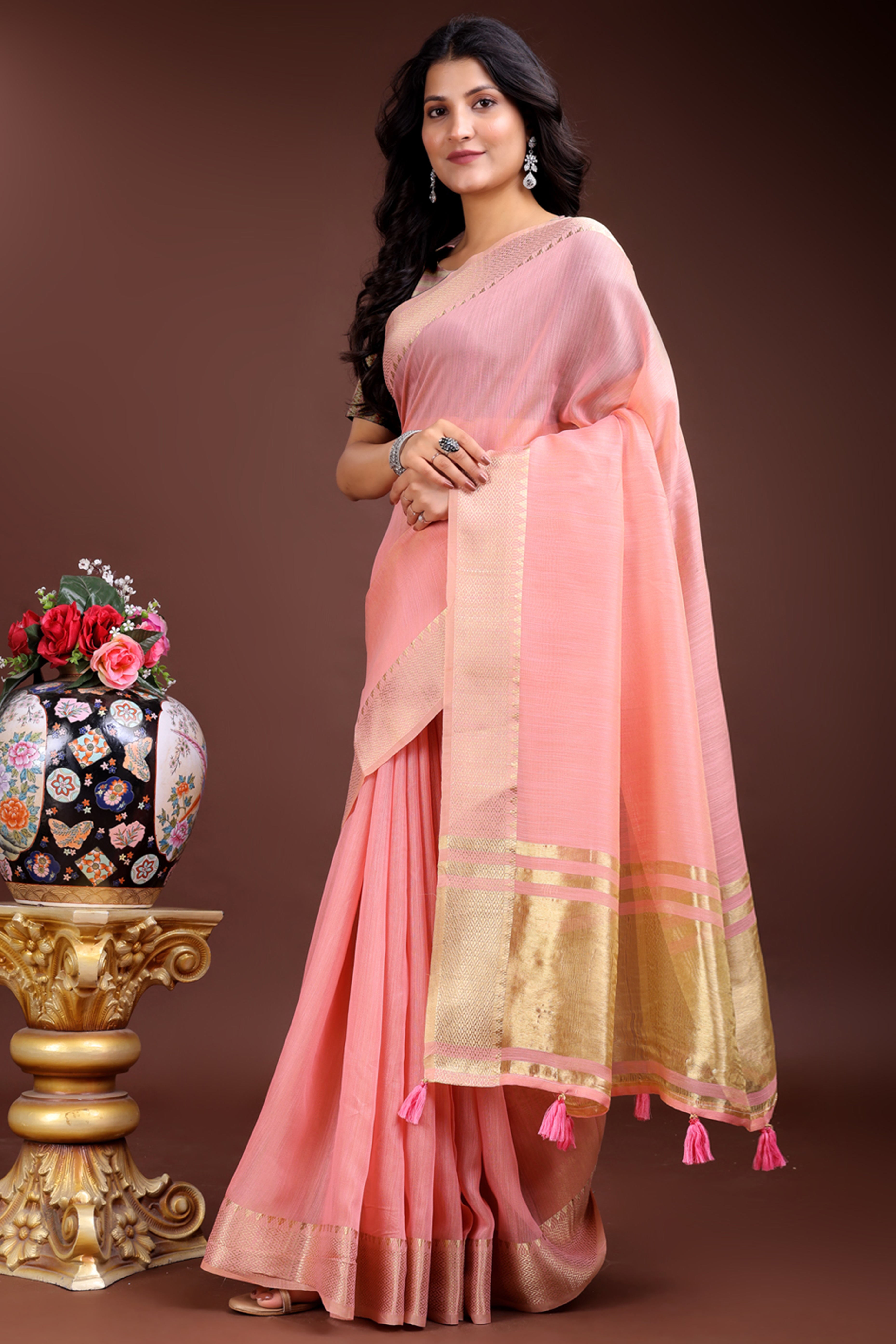 Pink Cotton Silk Saree with Solid Zari Woven Accent and Tassels