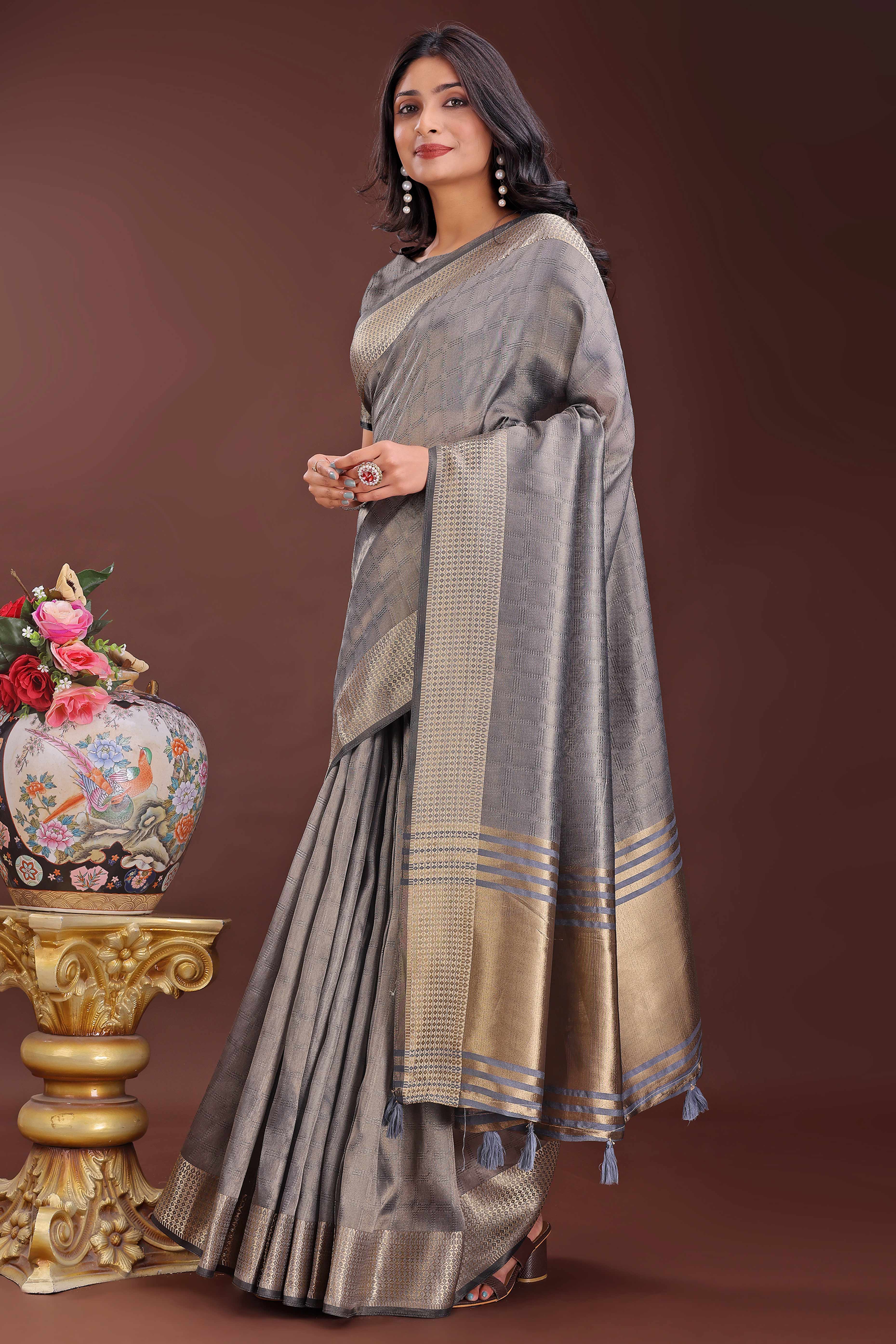 Grey Organza Saree With Intricate Zari Woven Checks & Tassel Border