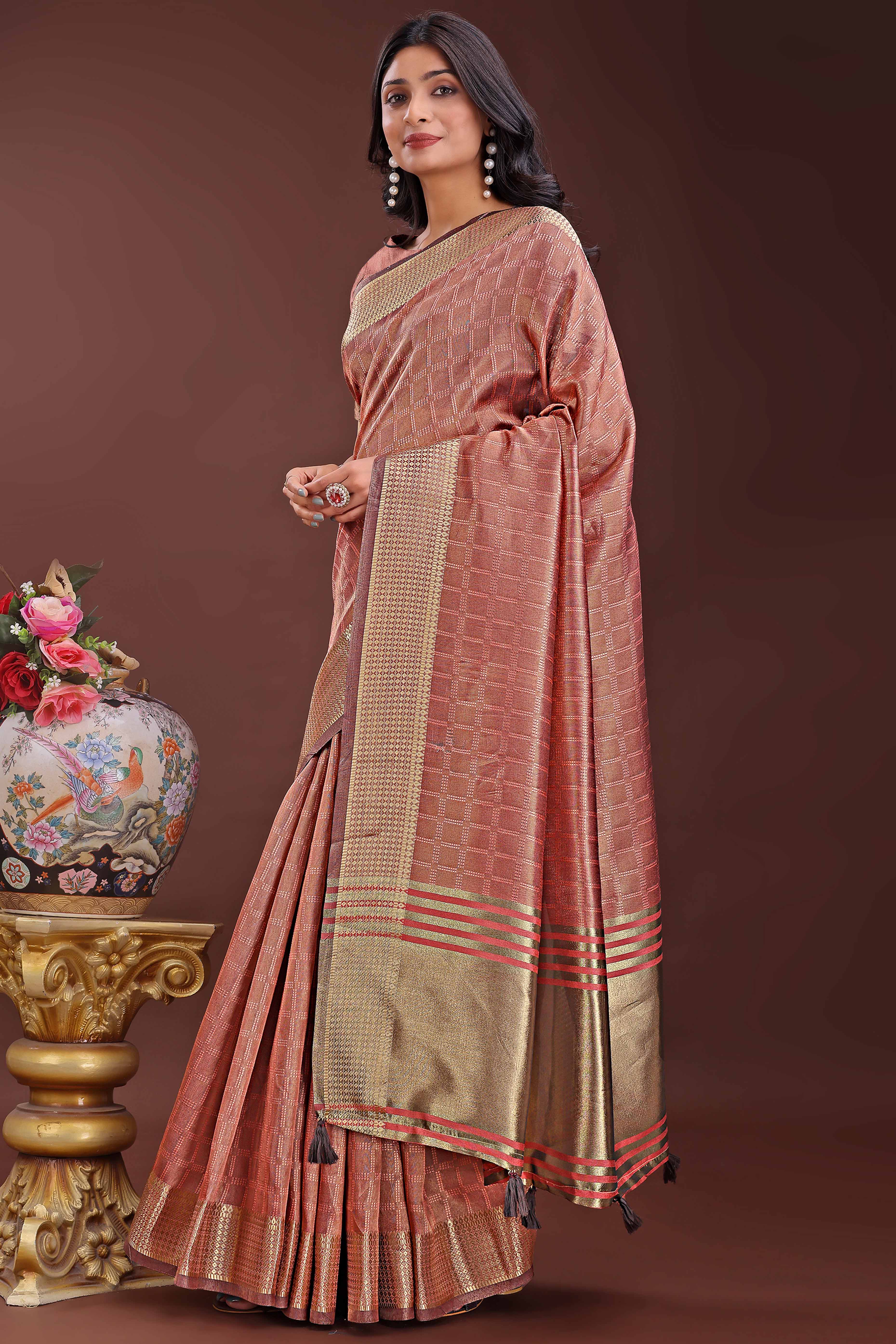 Peach Organza Saree With Intricate Zari Woven Checks & Tassel Border