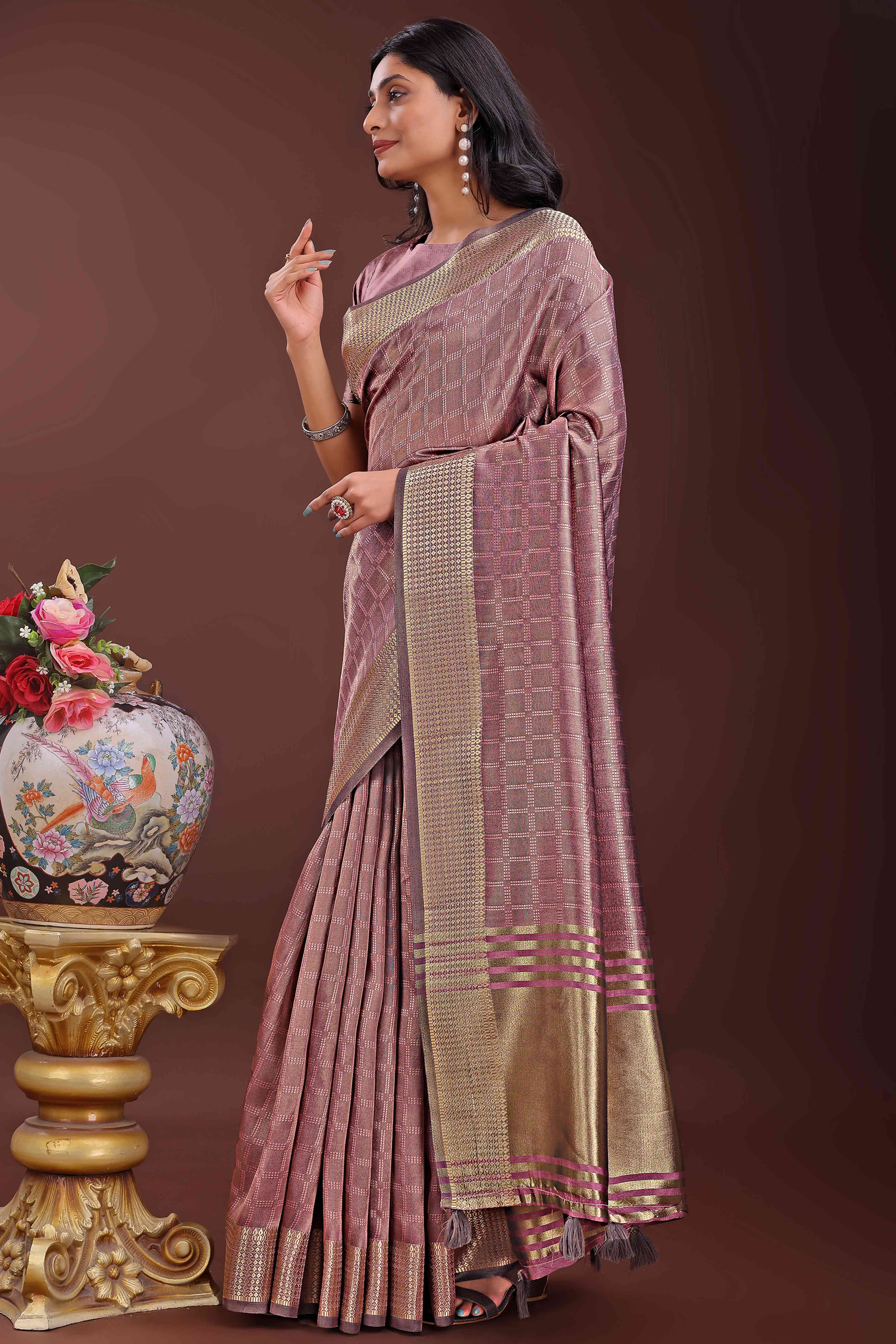Mauve Organza Saree With Intricate Zari Woven Checks & Tassel Border