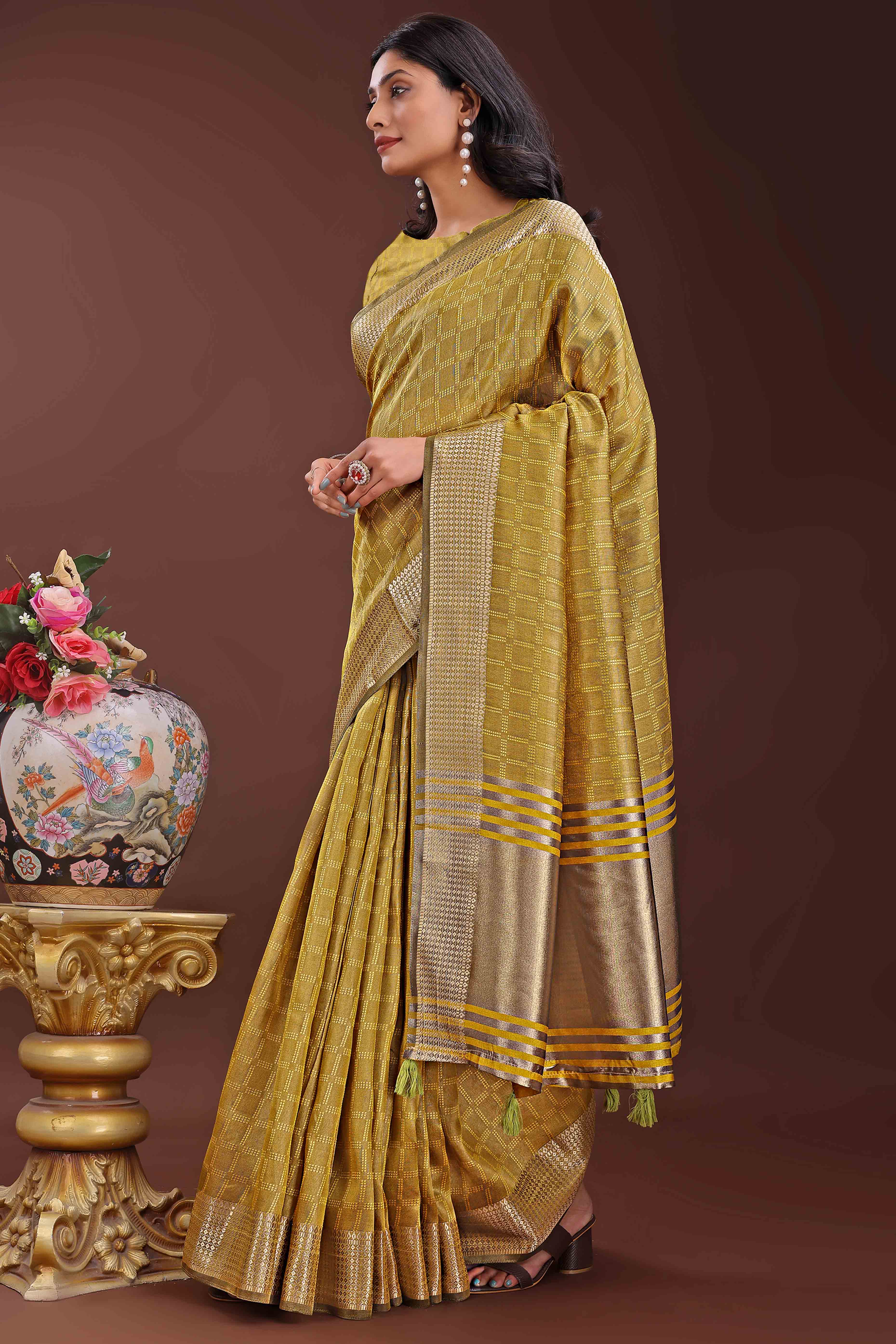 Mustard Organza Saree With Intricate Zari Woven Checks & Tassel Border