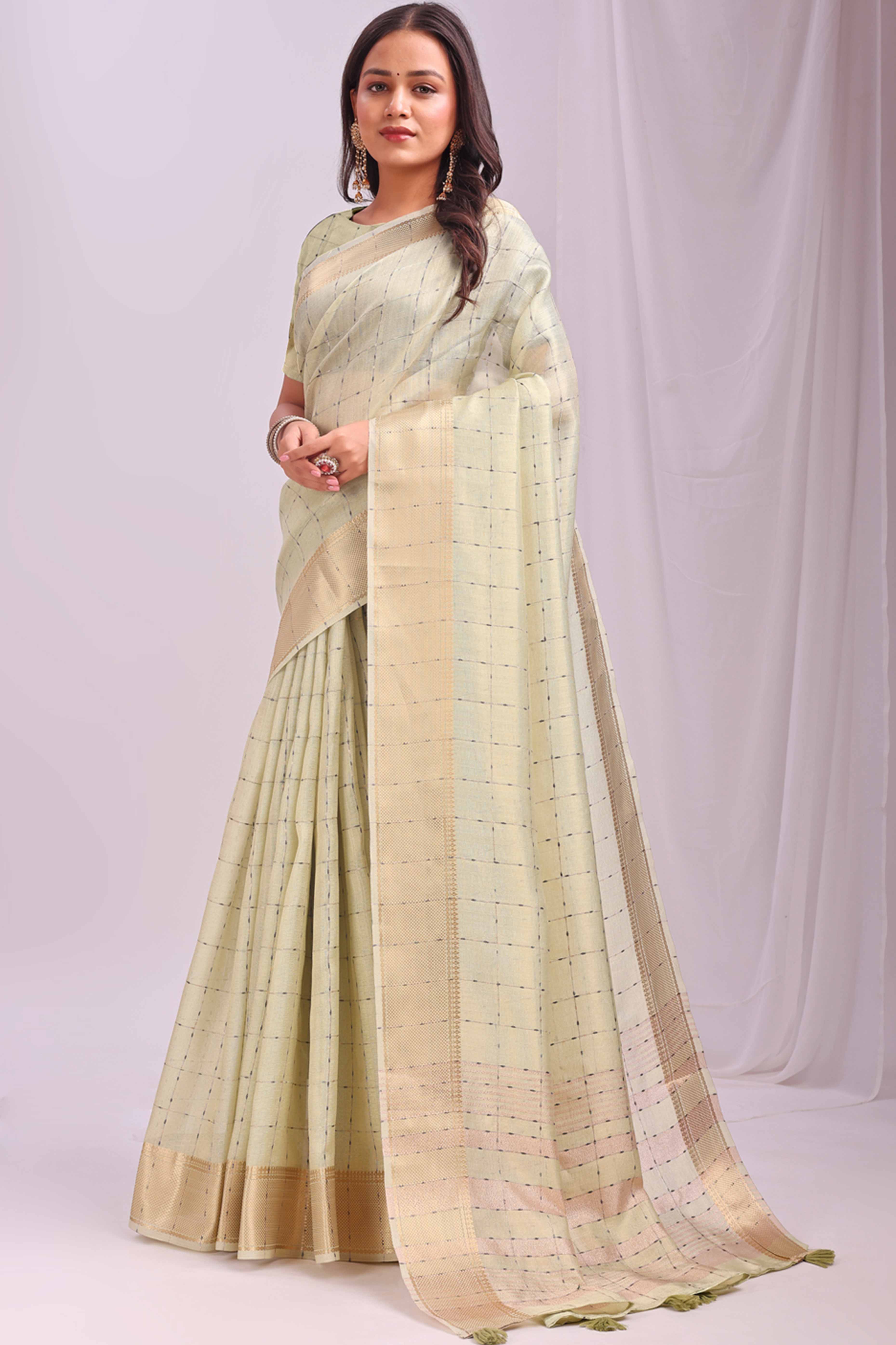 Light Green Lightweight Organza Saree with Rich Zari Checks Pattern