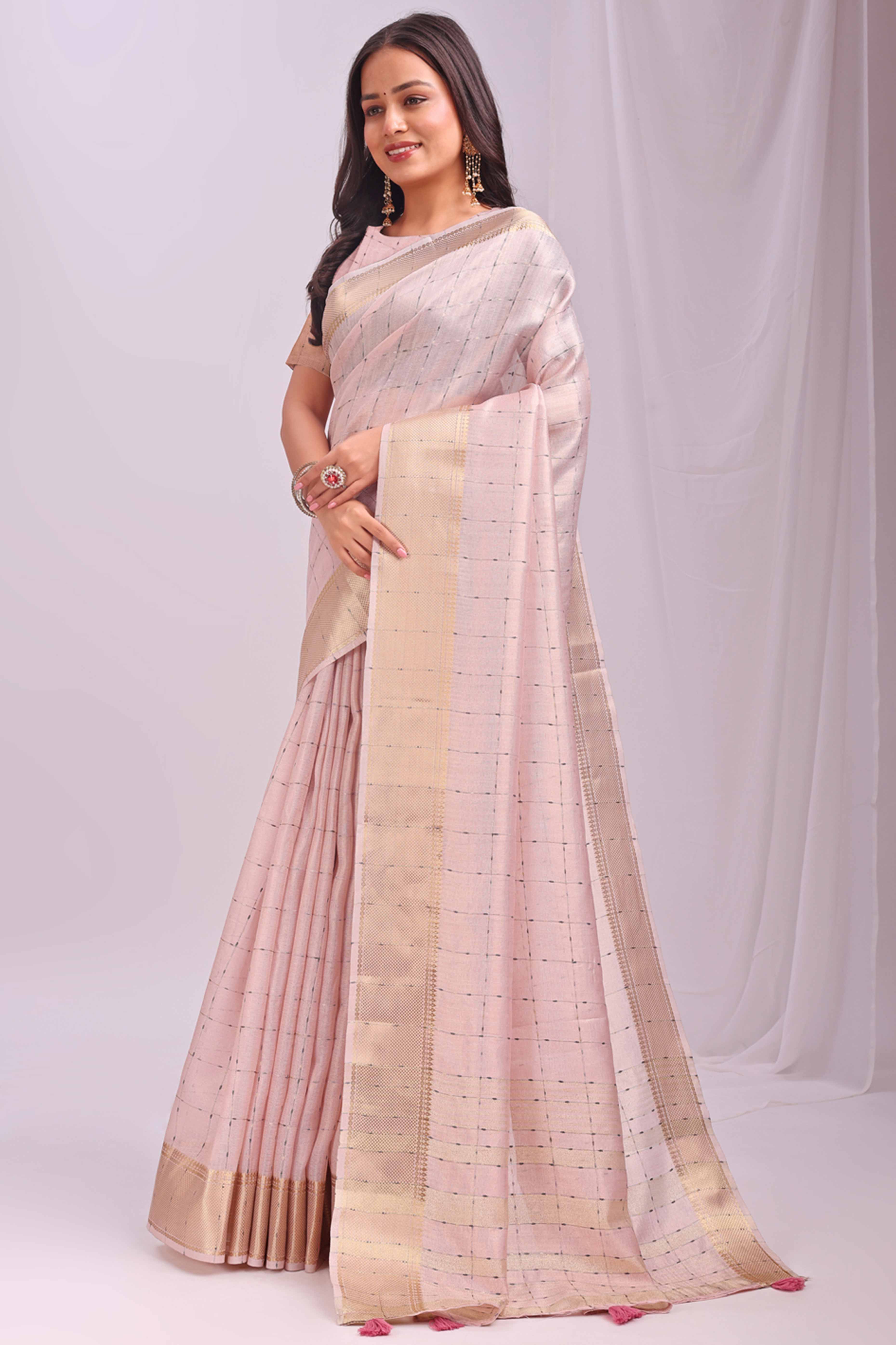 Peach Lightweight Organza Saree with Rich Zari Checks Pattern