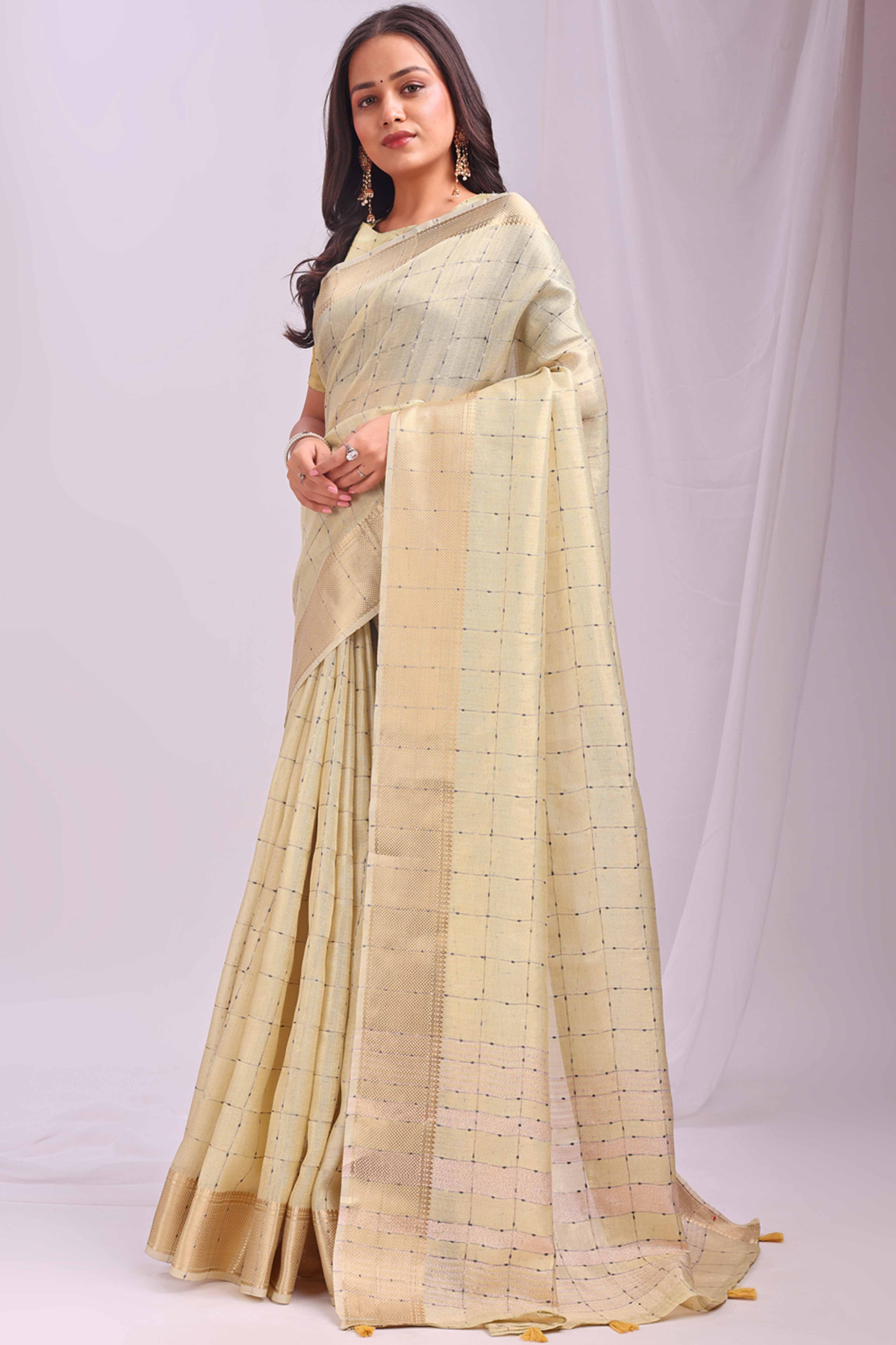 Gold Lightweight Organza Saree with Rich Zari Checks Pattern