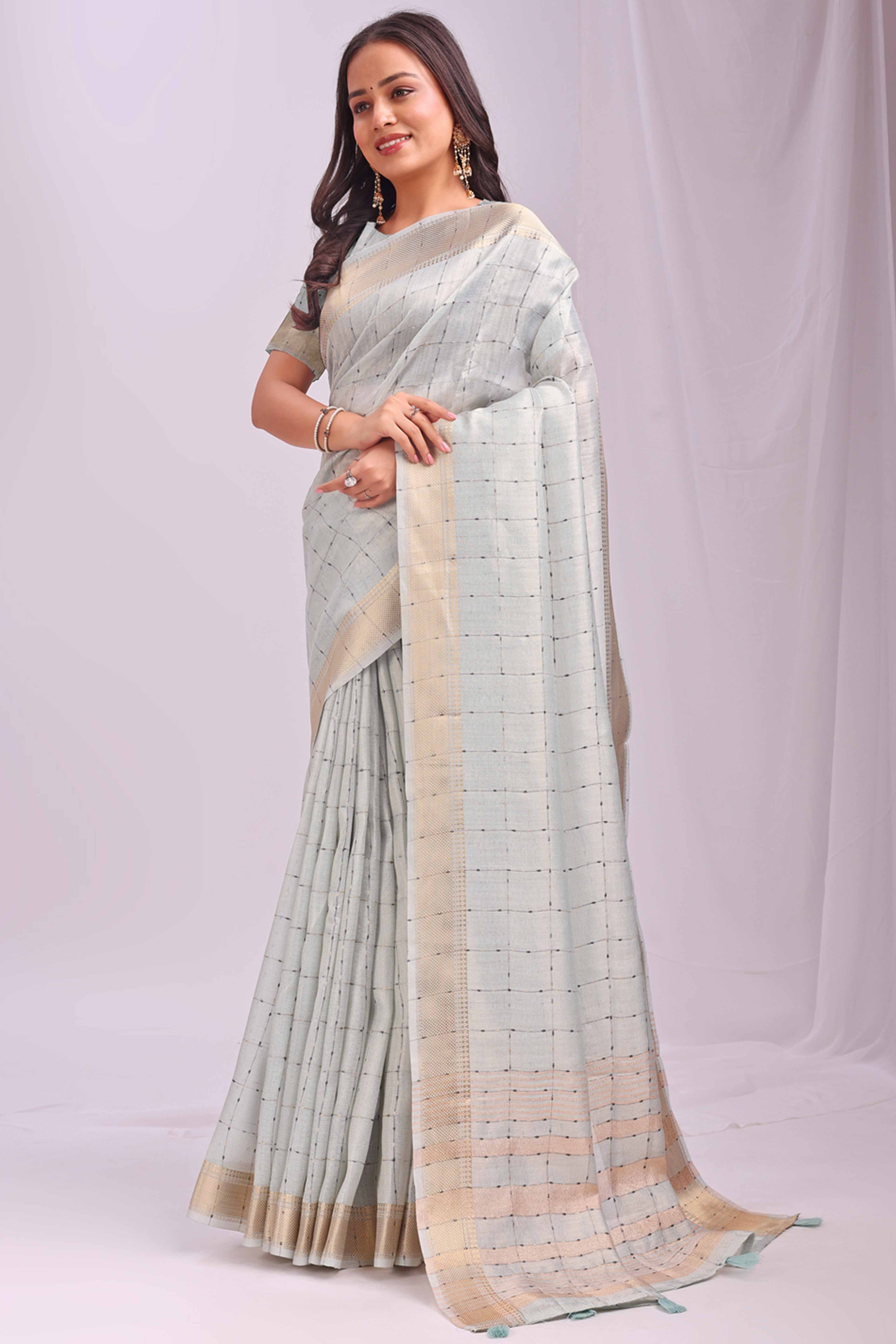 Sky Blue Lightweight Organza Saree with Rich Zari Checks Pattern