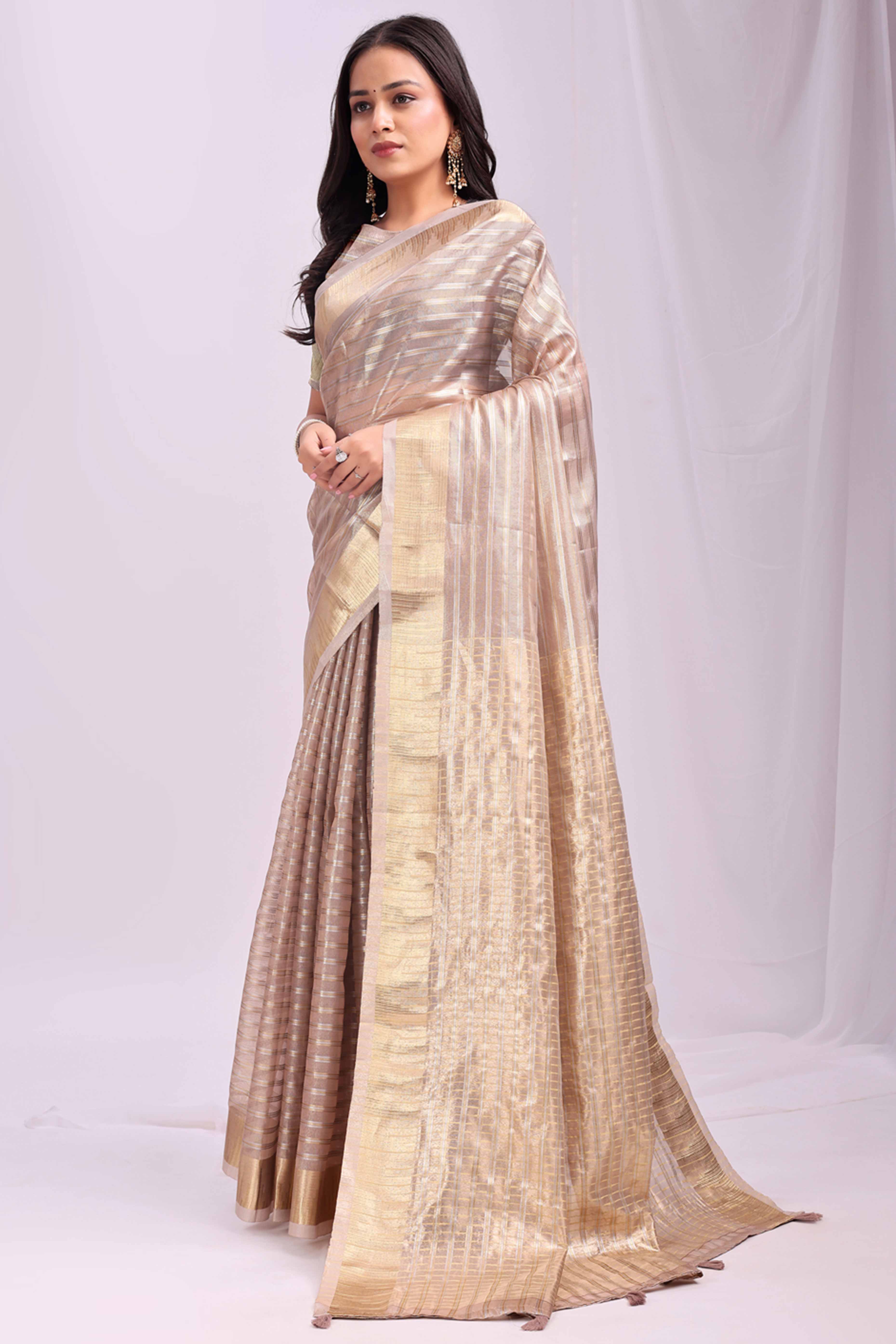 Beige Lightweight Organza Saree with Rich Zari Stripes Pattern