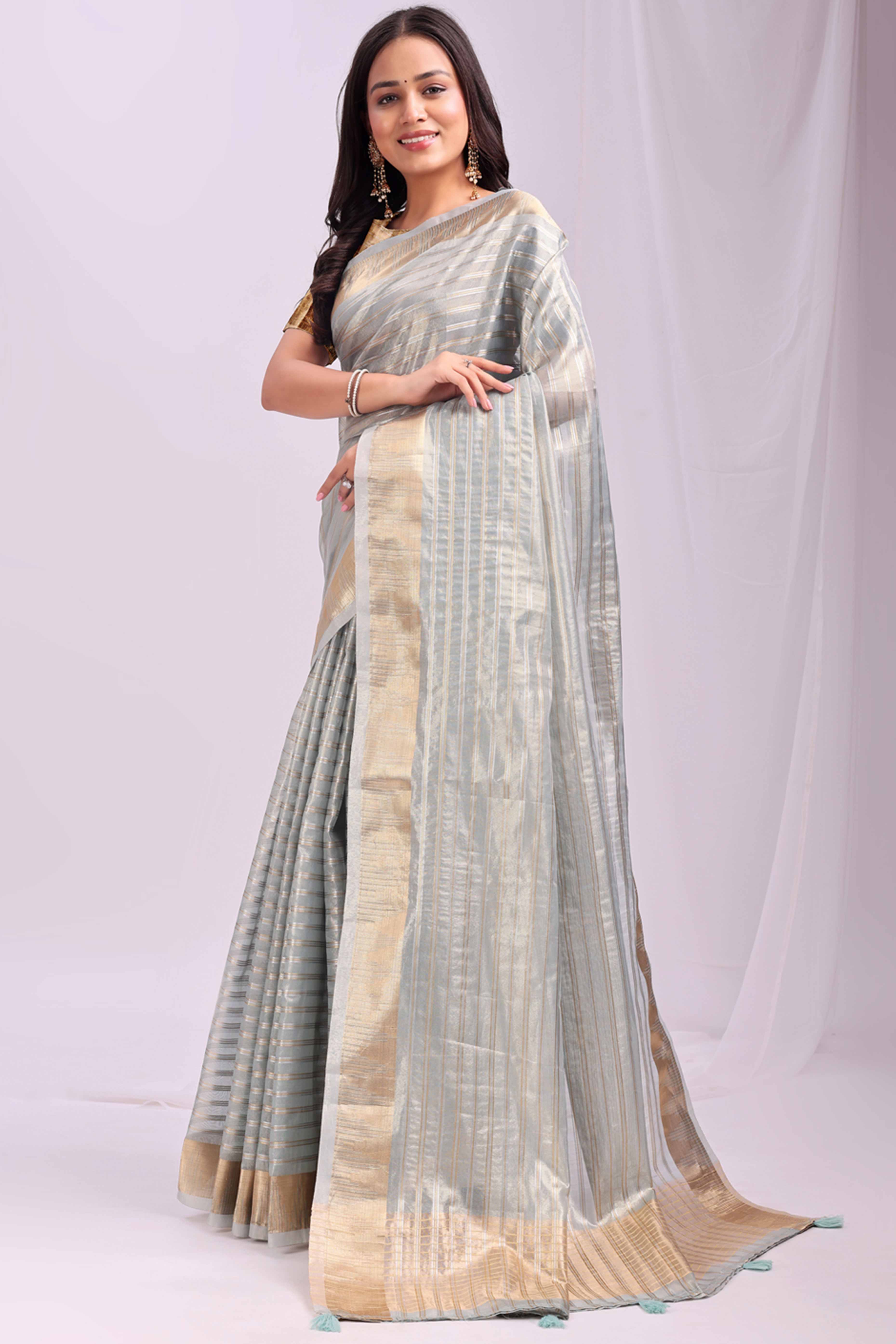 Sky Blue Lightweight Organza Saree with Rich Zari Stripes Pattern
