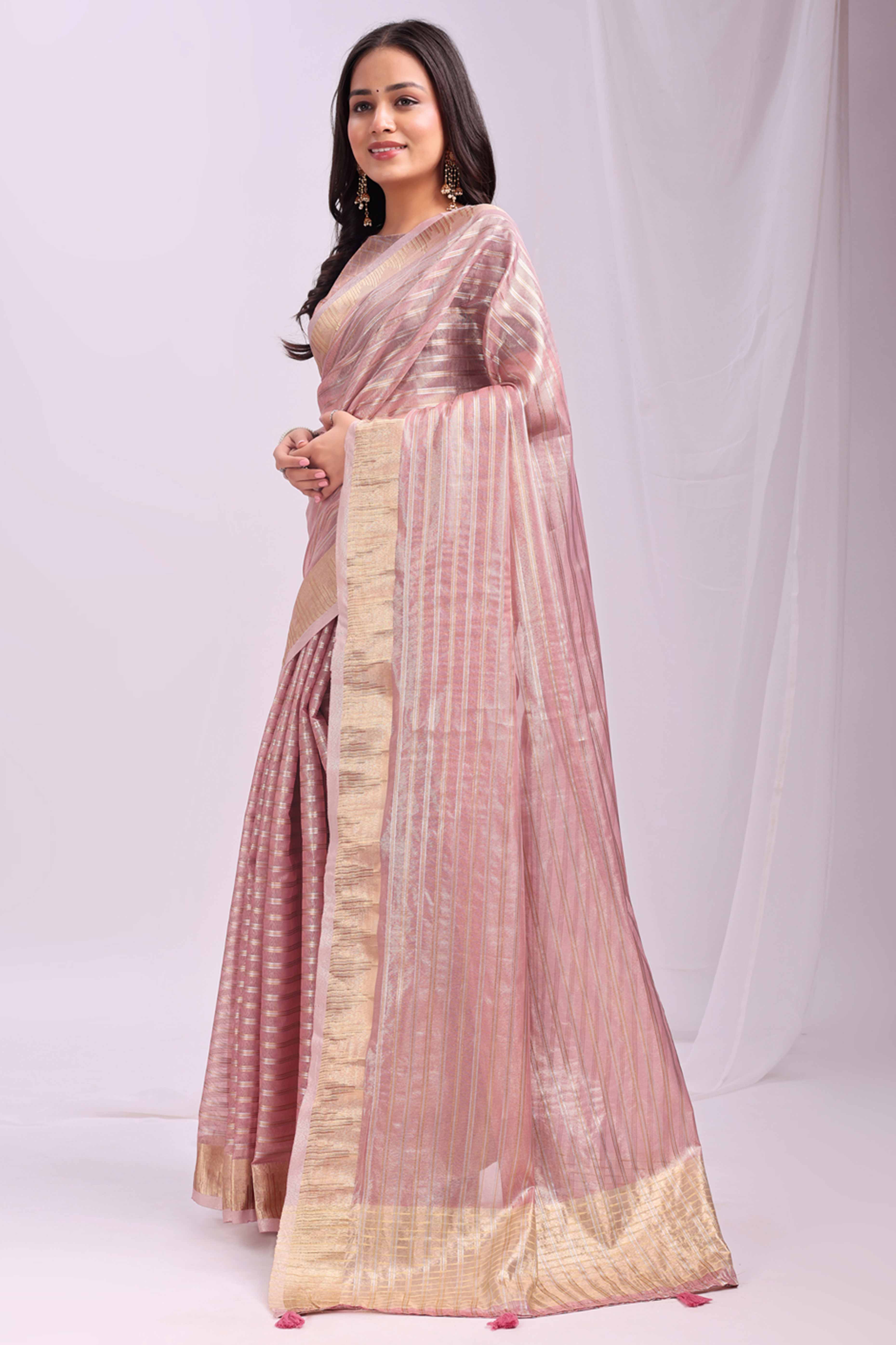 Pink Lightweight Organza Saree with Rich Zari Stripes Pattern