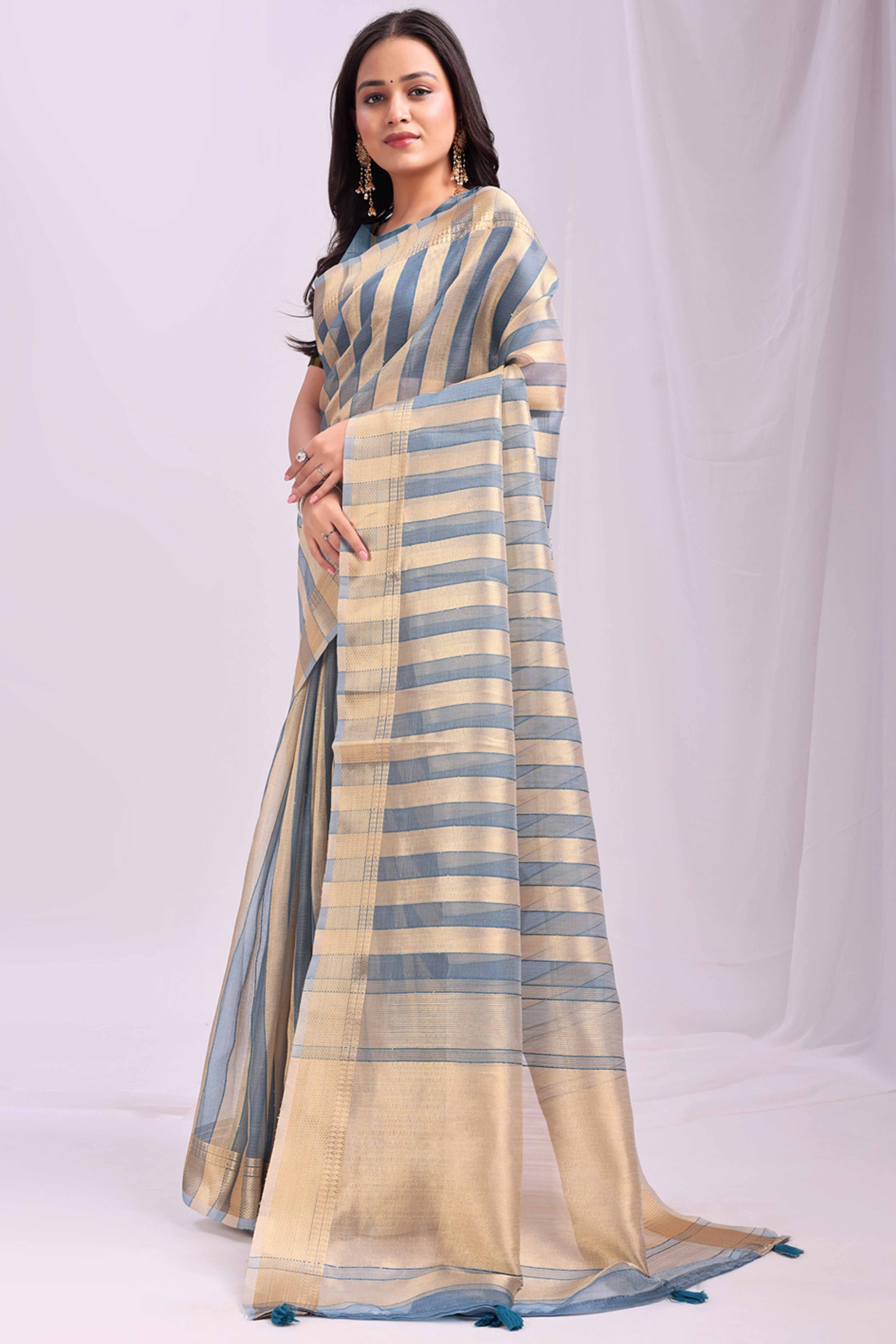 Sky Blue Lightweight Organza Saree with Rich Zari Stripes Pattern