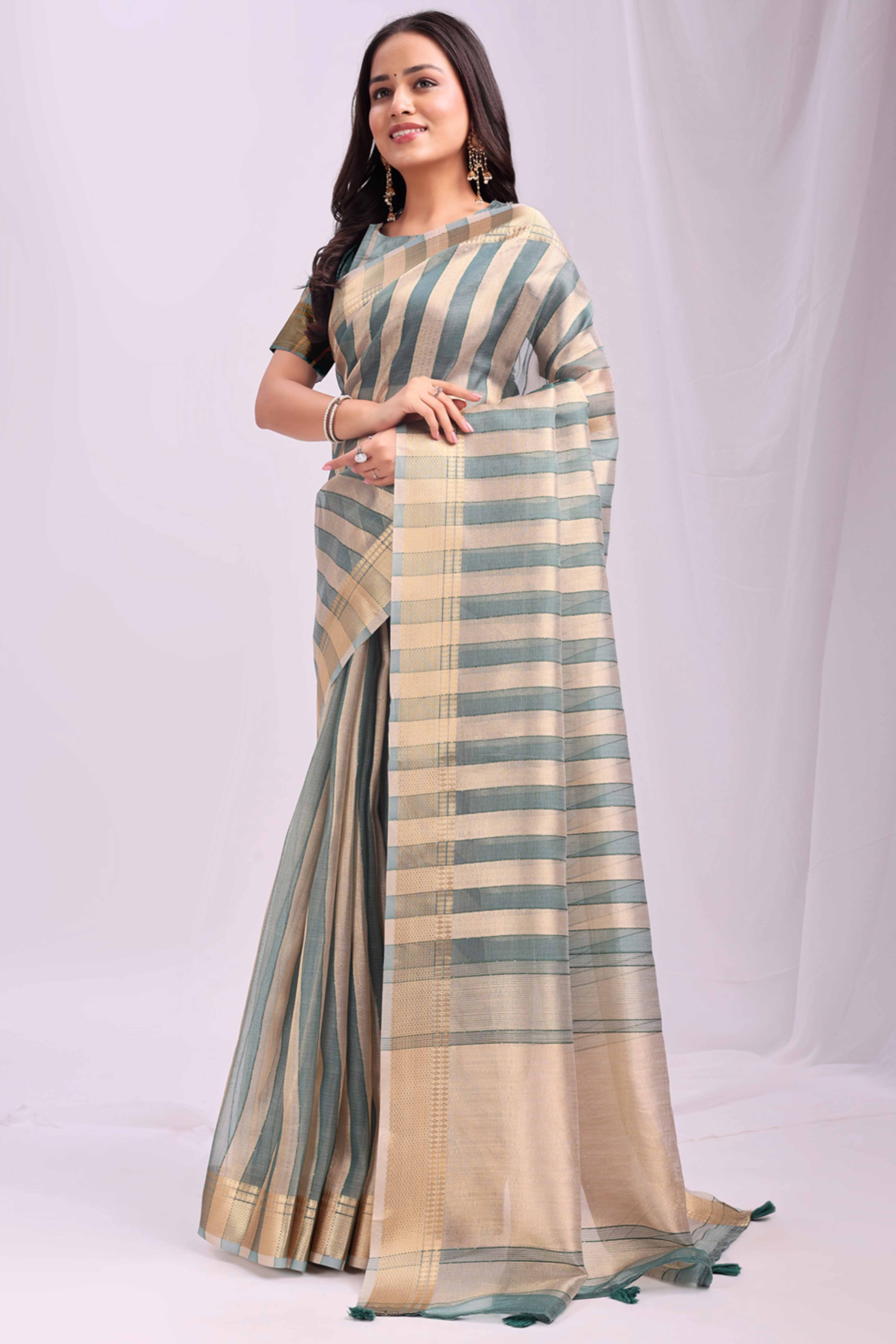 Green Lightweight Organza Saree with Rich Zari Stripes Pattern