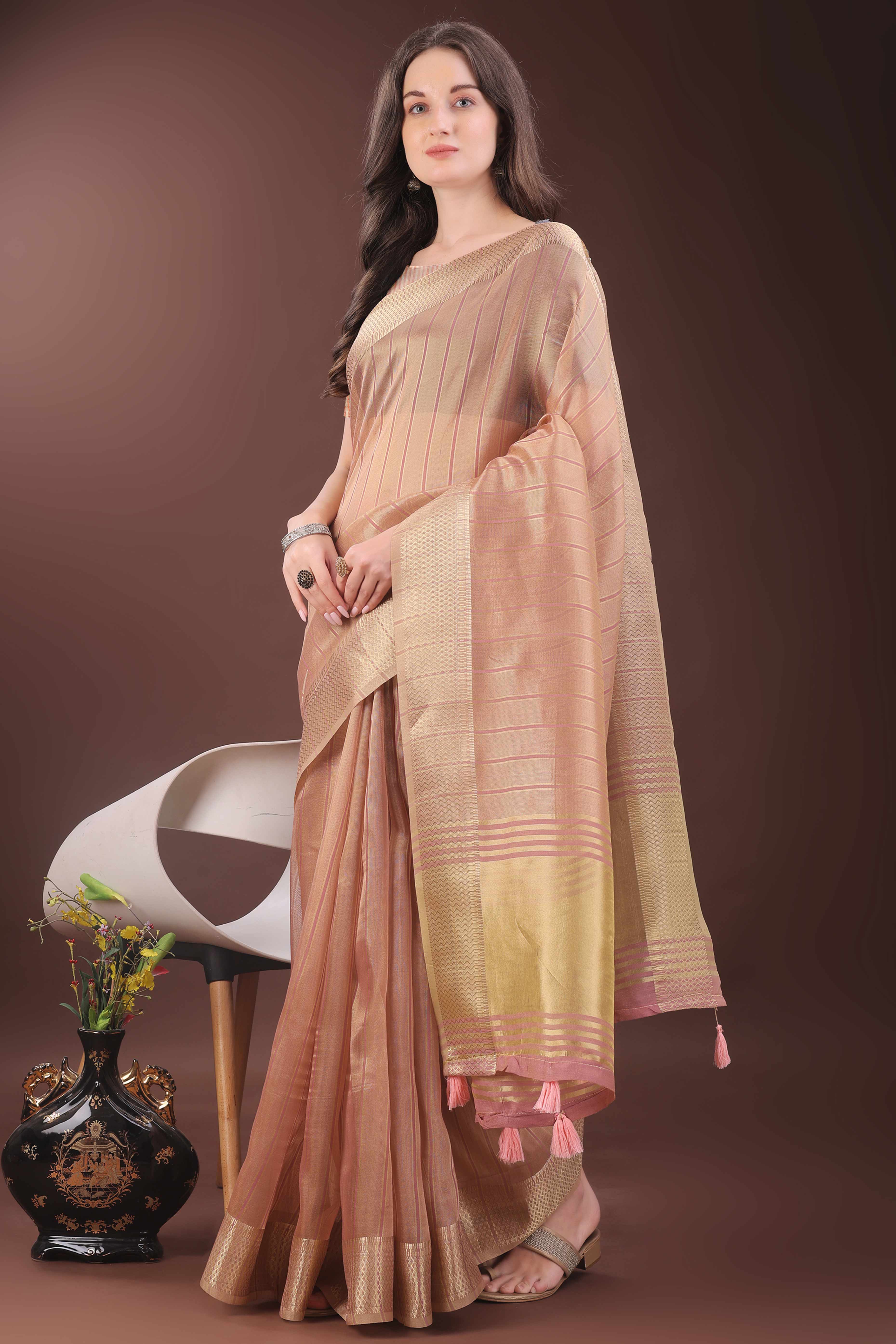 Peach Organza Saree With Zari Woven Stripes & Elegant Tassel Border