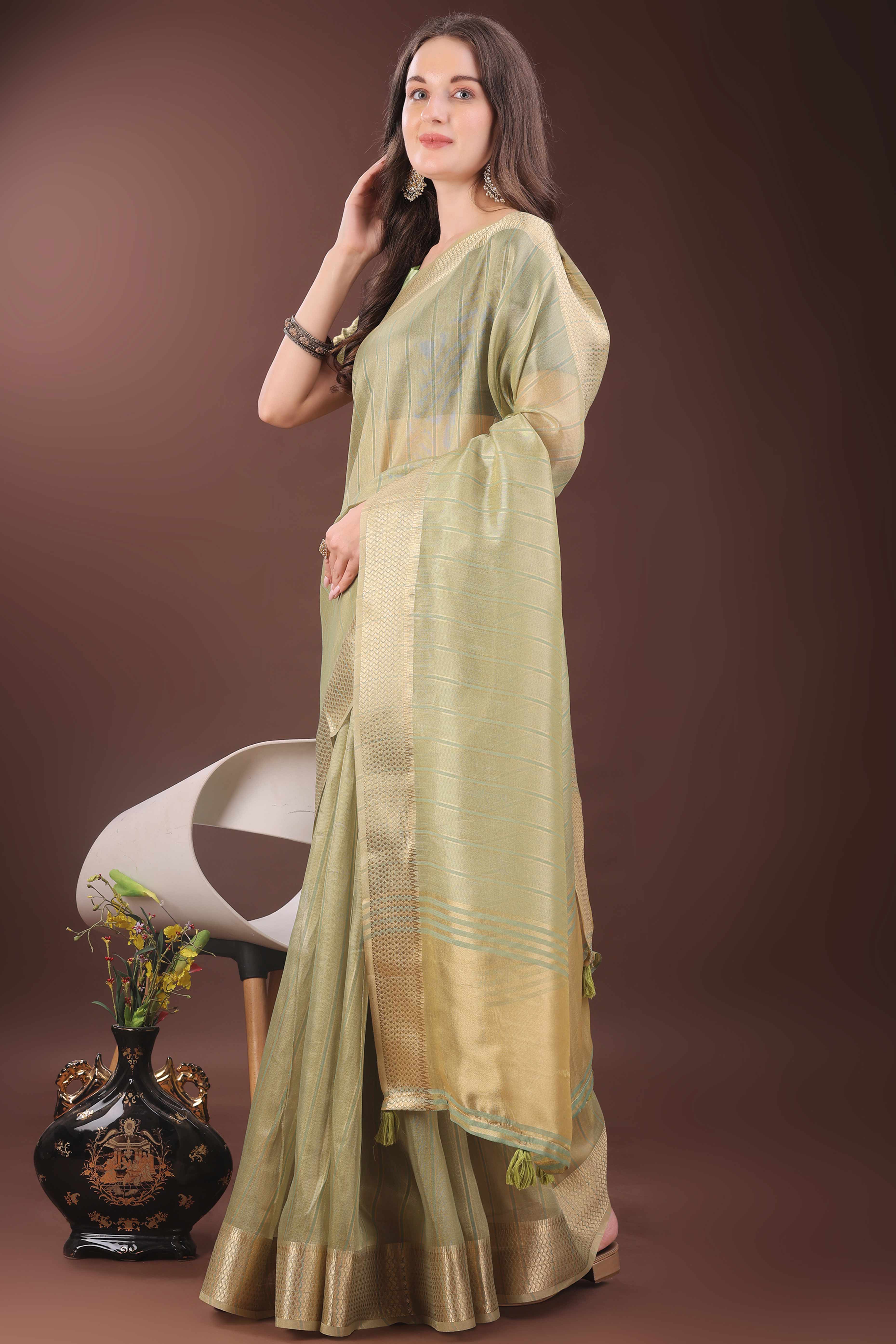 Green Organza Saree With Zari Woven Stripes & Elegant Tassel Border