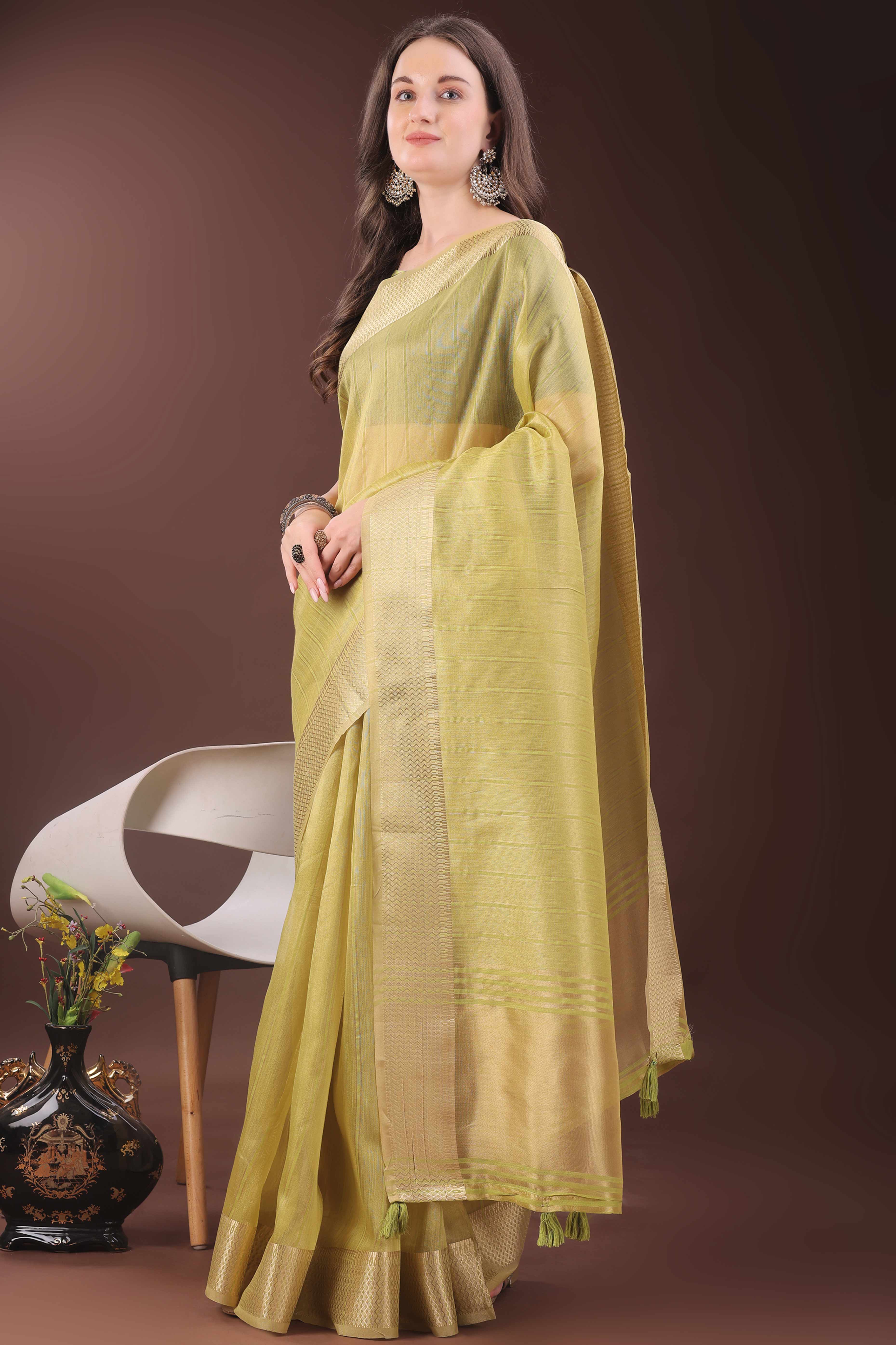 Lemon Yellow Organza Saree With Zari Woven Stripes & Elegant Tassel Border