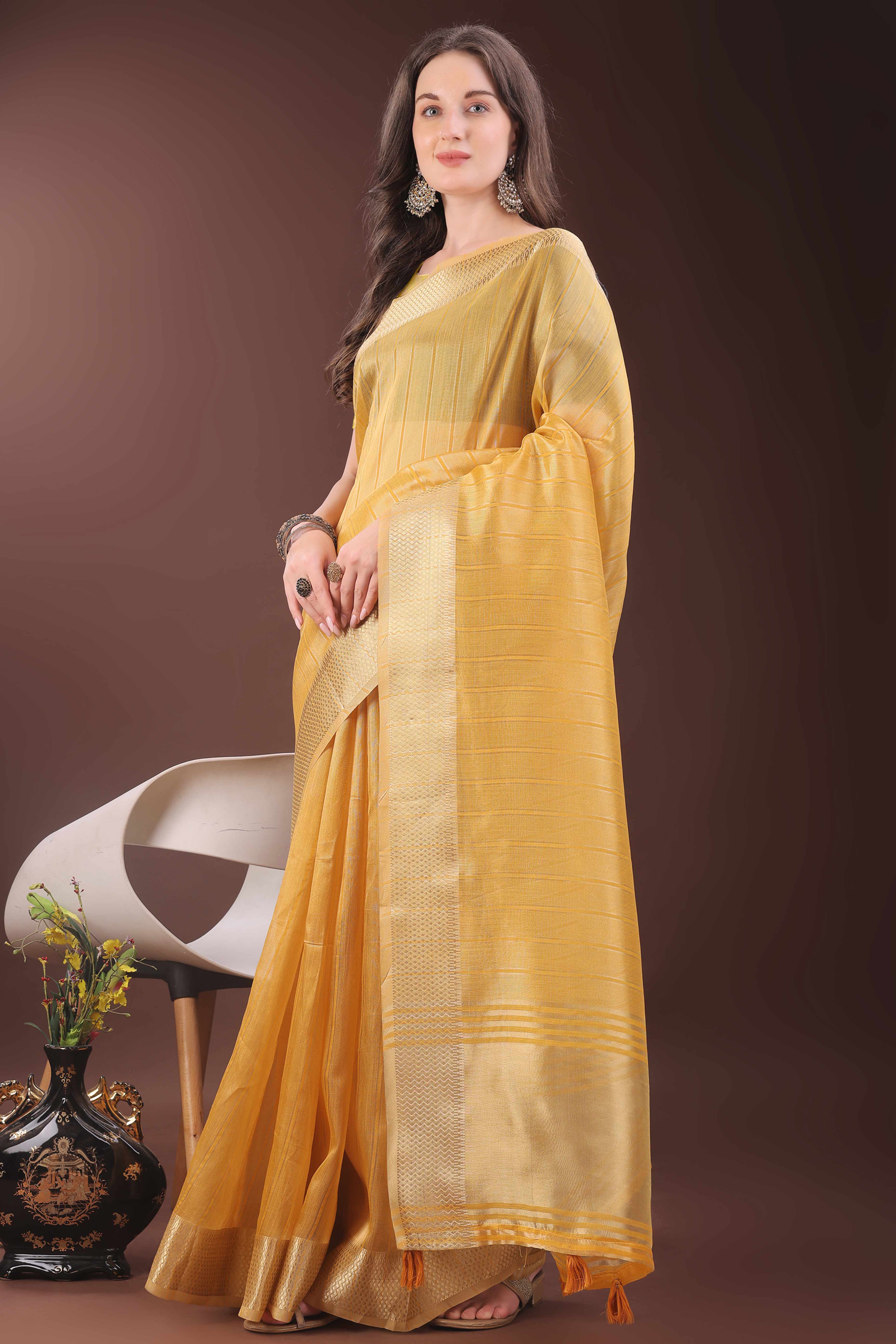 Mustard Organza Saree With Zari Woven Stripes & Elegant Tassel Border